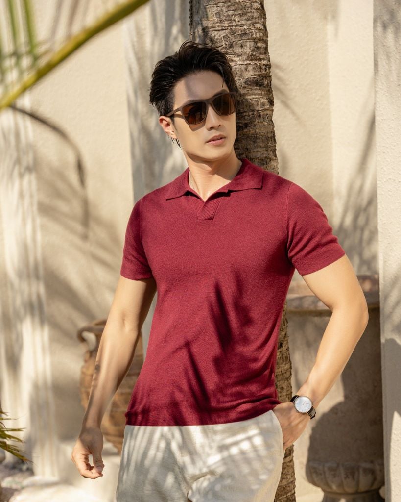 Áo Thun Polo Dệt Kim Sợi Plain Màu Đỏ Đô