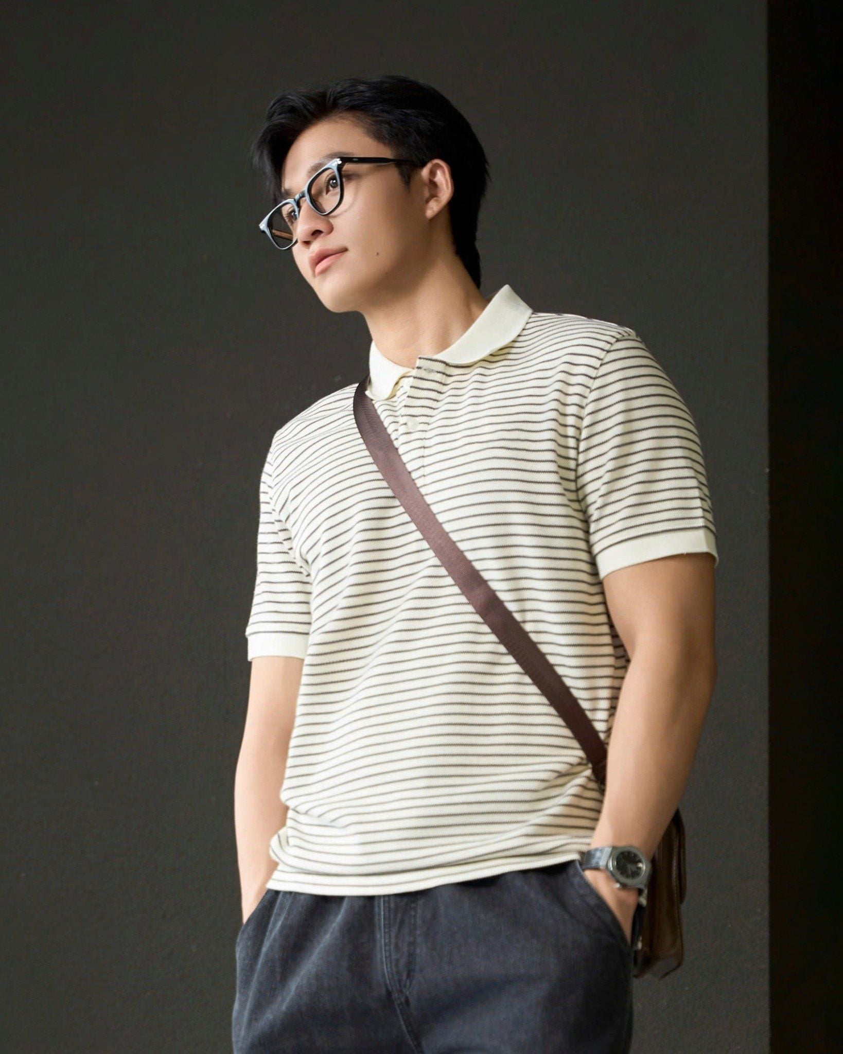 Áo Thun Polo By Cotton 2Layer Sọc Nhỏ Kem Nâu