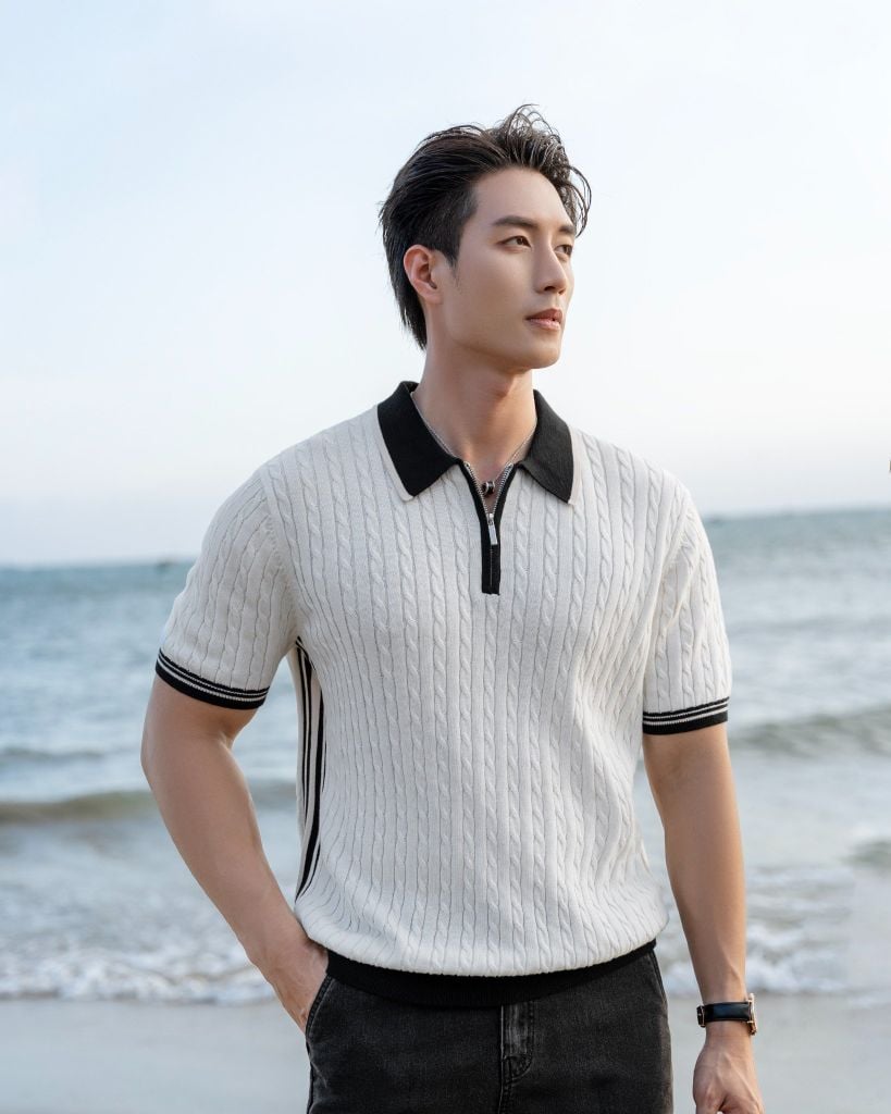 Áo Thun Polo Dệt Kim Twist - Trắng Phối Bo Đen