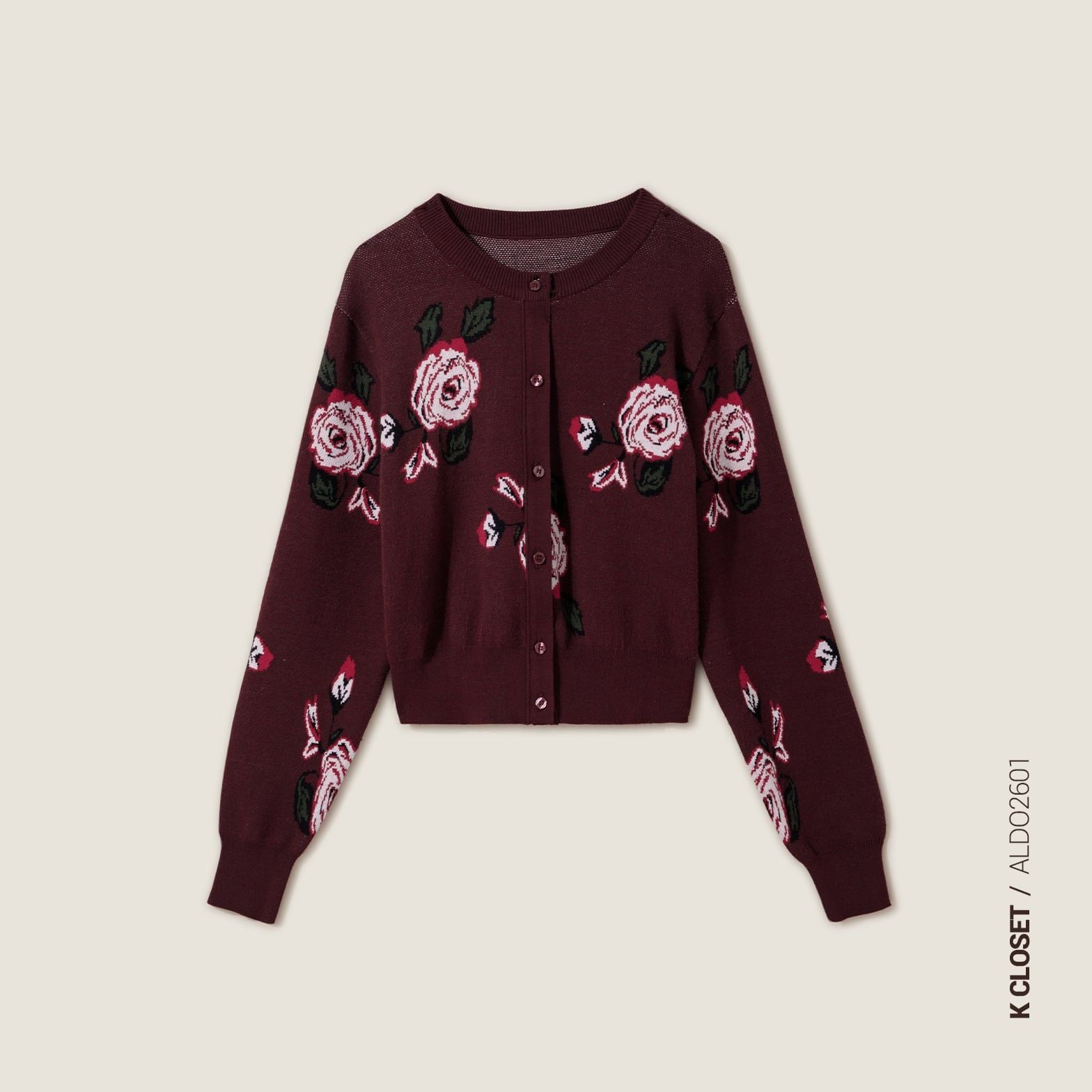  Embroidered Rose Burgundy Knit Cardigan – K CLOSET Spring 2026 
