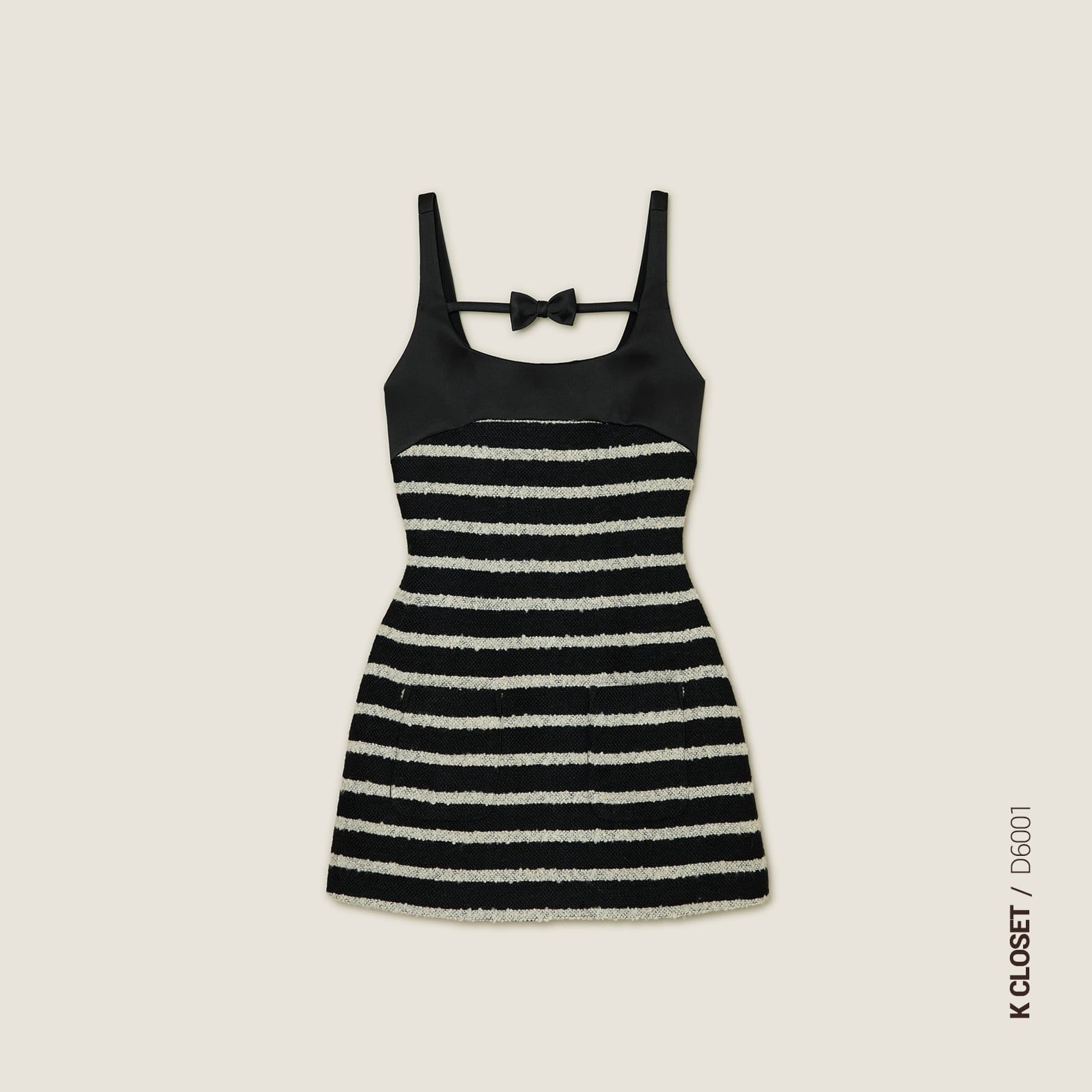  Black & White Striped Bow Detail Square Neck Sleeveless Tweed Mini Dress -  K CLOSET CRUISE 2026 