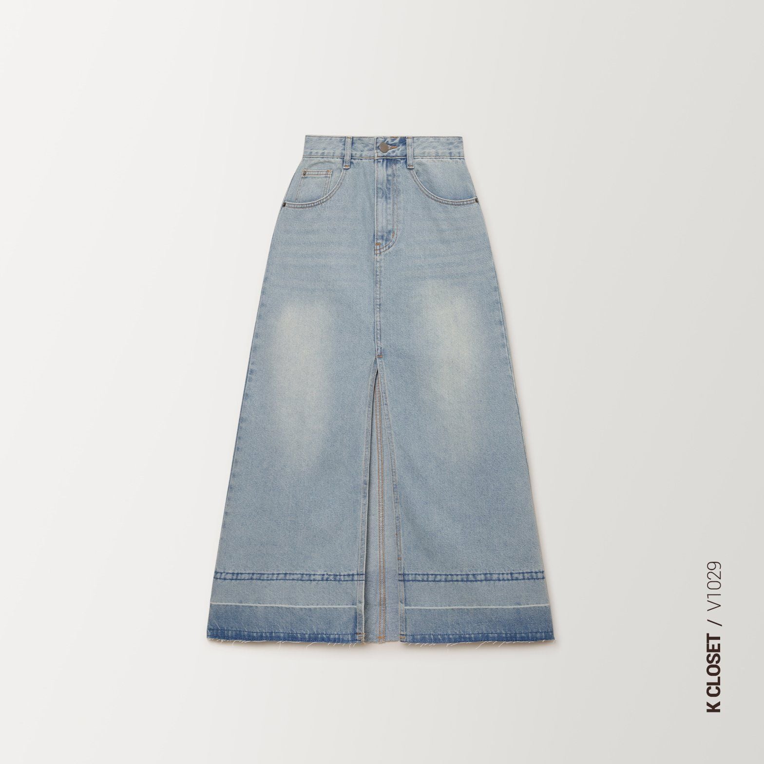 Washed Denim Midi Skirt K Closet V1029 - Chân váy Jean dài xẻ trước trendy chất vải dedim dày dặn mềm tan đứng form 