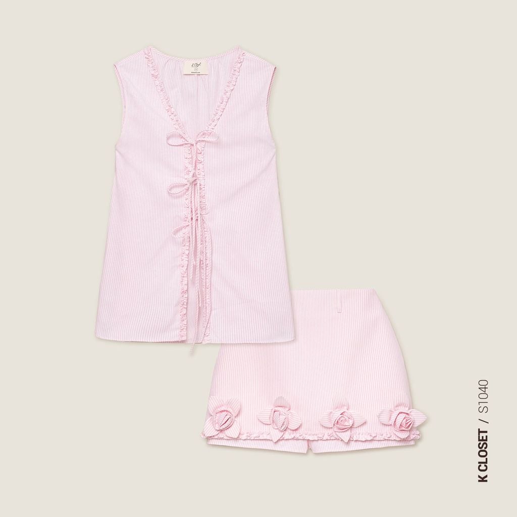  K Closet Set 2 Pieces Ruffle Tie Blouse & Floral Mini Skirt Skirt 