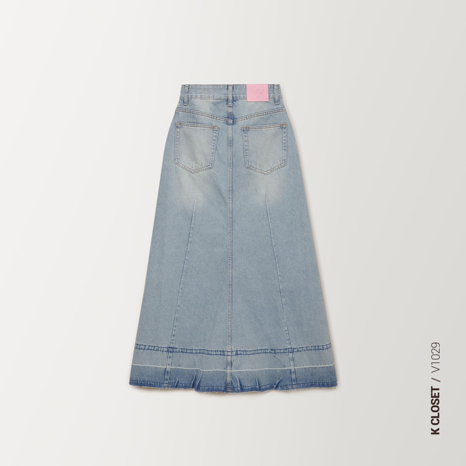  Washed Denim Midi Skirt K Closet V1029 - Chân váy Jean dài xẻ trước trendy chất vải dedim dày dặn mềm tan đứng form 