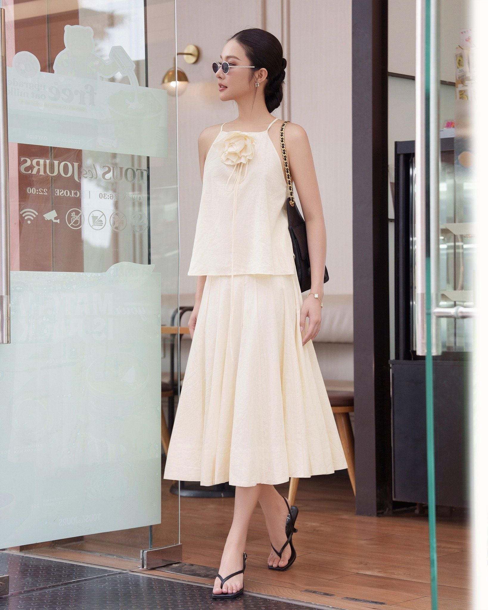  Set 2 món chân váy xòe và áo kèm hoa - Linen Panelled Flared Skirt Floral Brooch Top Set K Closet S2041S2042 