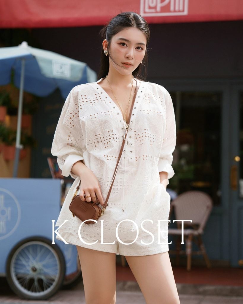  SET 2 MÓN ÁO REN THÊU HOA CỔ V ĐAN DÂY KHOEN + QUẦN SHORT K CLOSET S1014S1015 