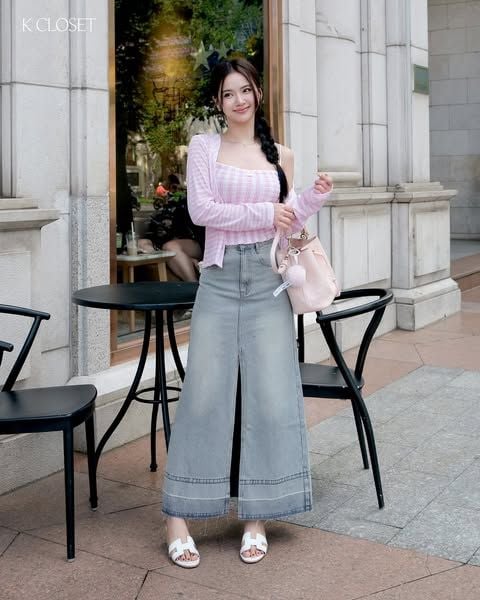  Washed Denim Midi Skirt K Closet V1029 - Chân váy Jean dài xẻ trước trendy chất vải dedim dày dặn mềm tan đứng form 