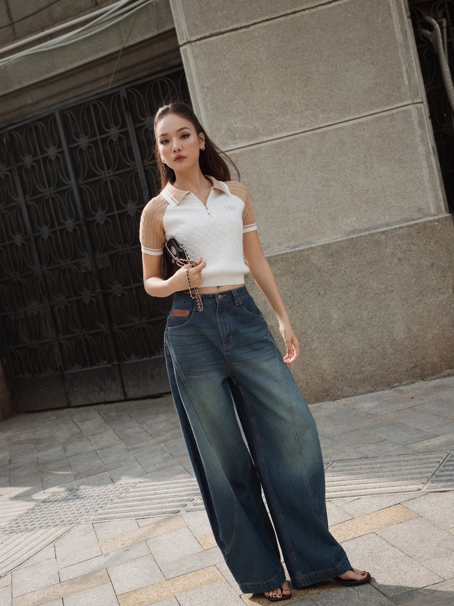  K Closet Zip Polo Knit Top with Raglan Sleeves 