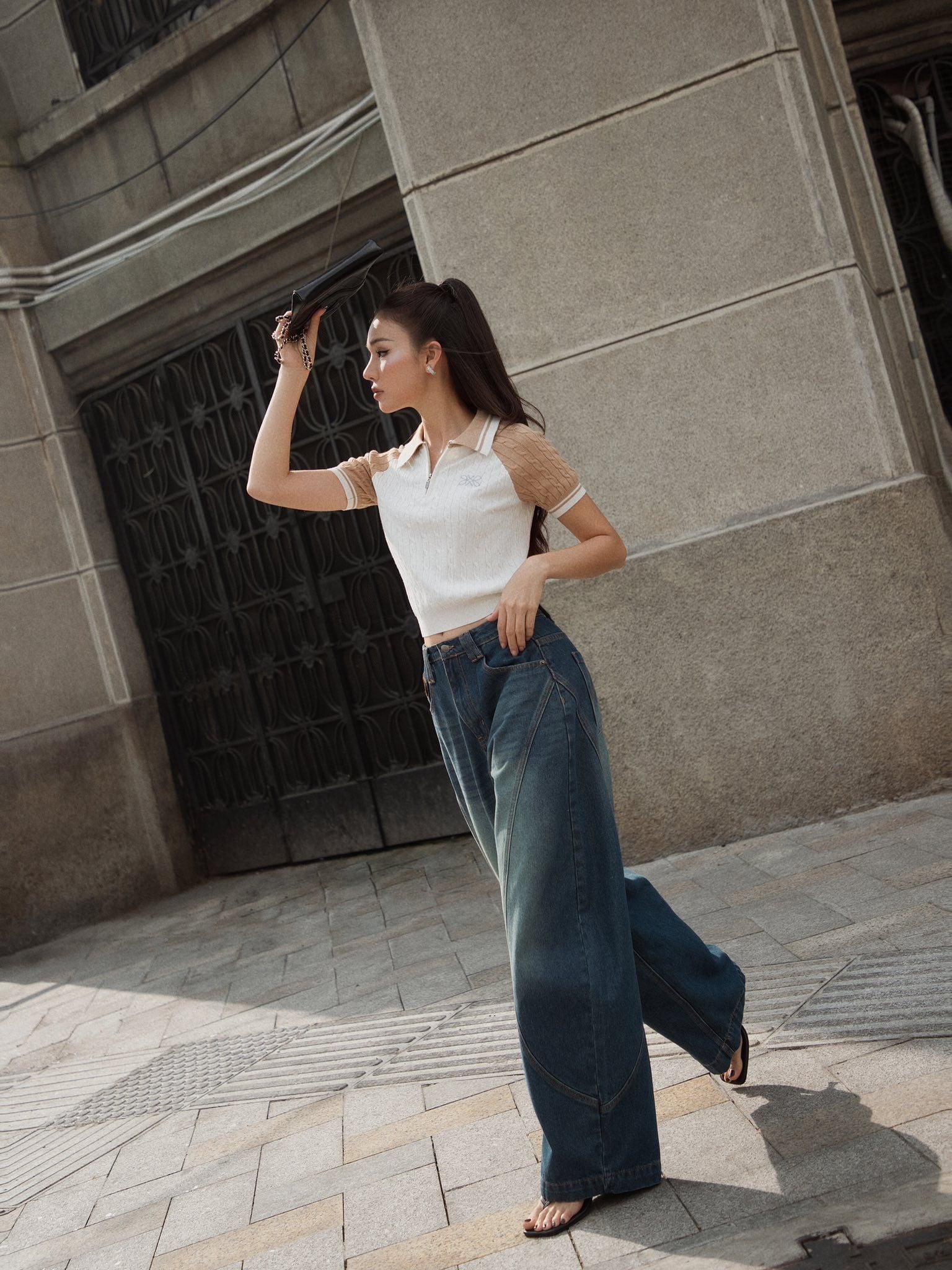  K Closet Zip Polo Knit Top with Raglan Sleeves 