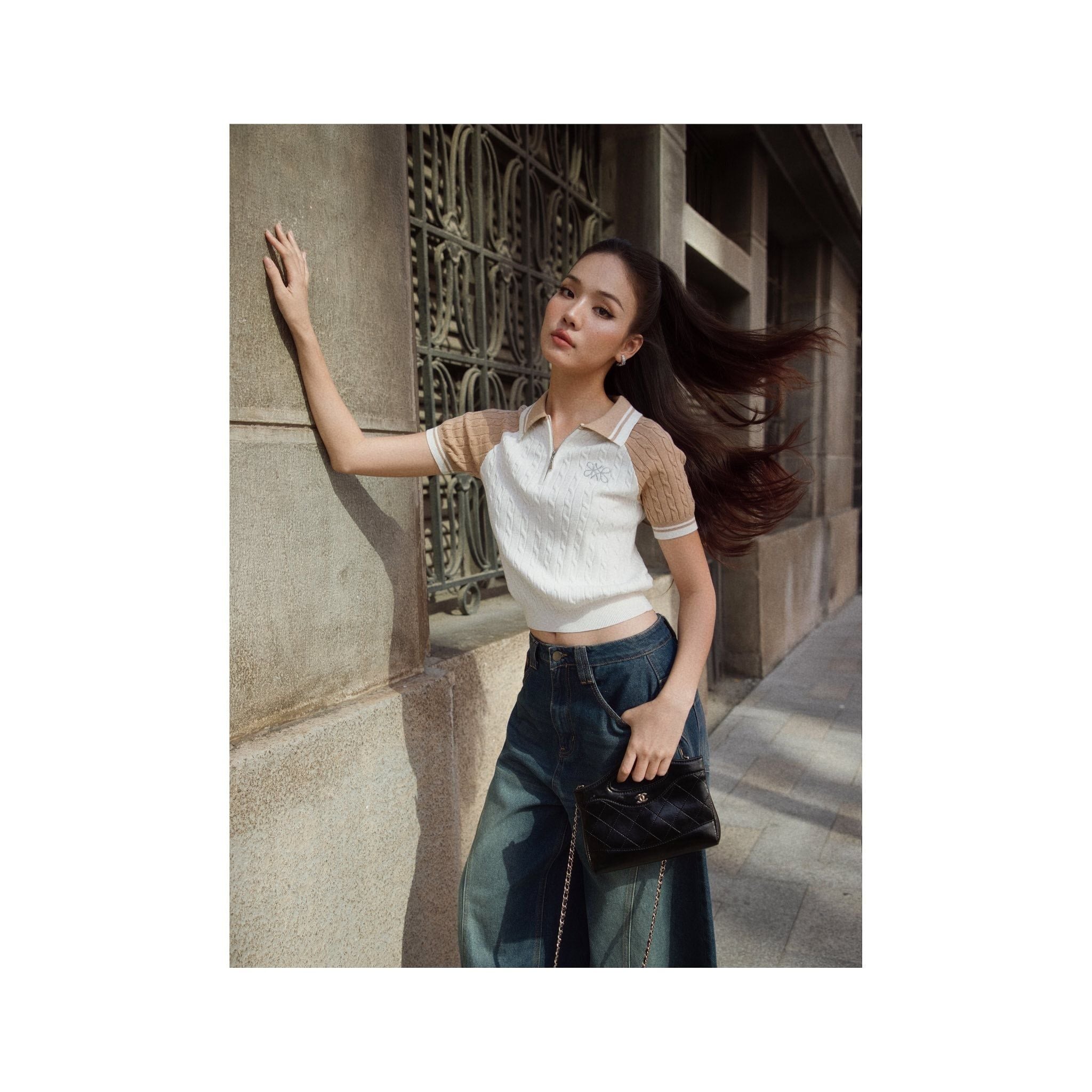  K Closet Zip Polo Knit Top with Raglan Sleeves 