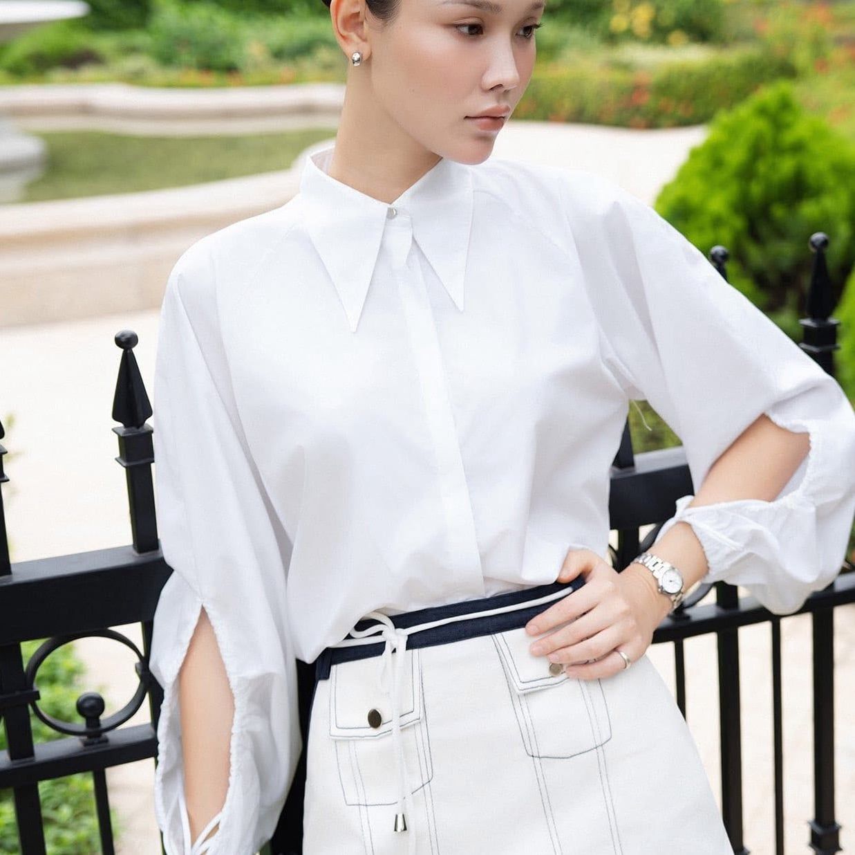  K Closet Elegant Long Sleeve Shirt with Drawstring Sleeves 