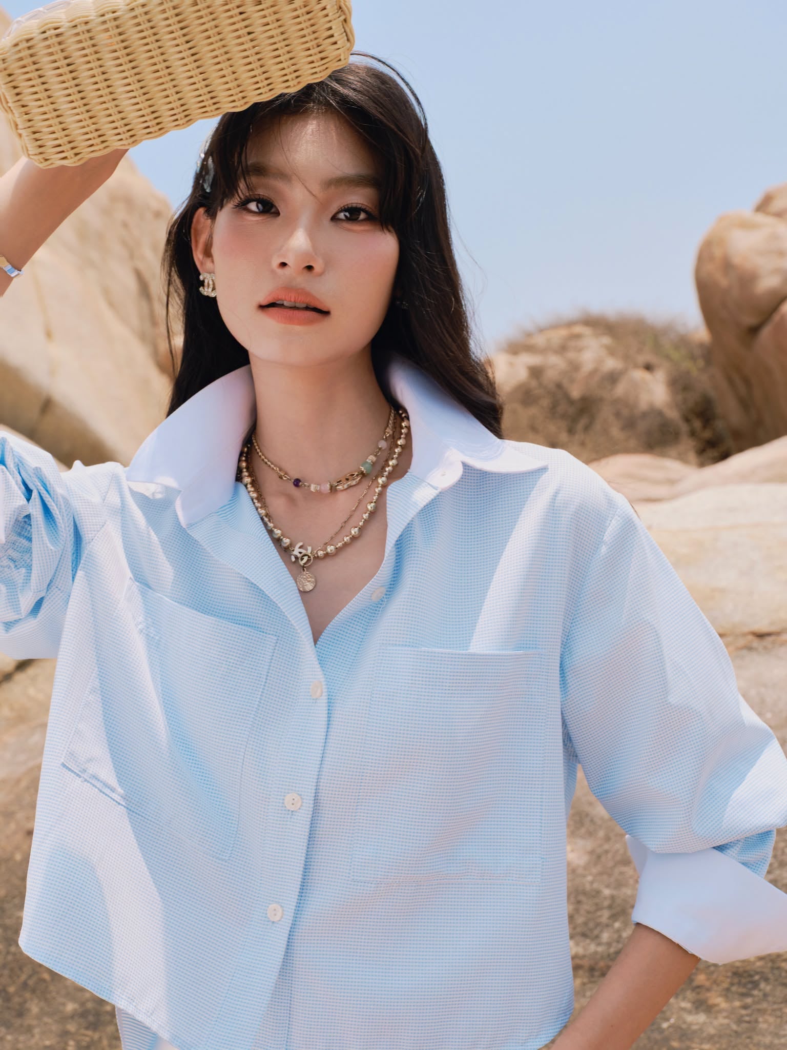  Cropped Blue Cotton Blend Ruched Long Sleeve Shirt 