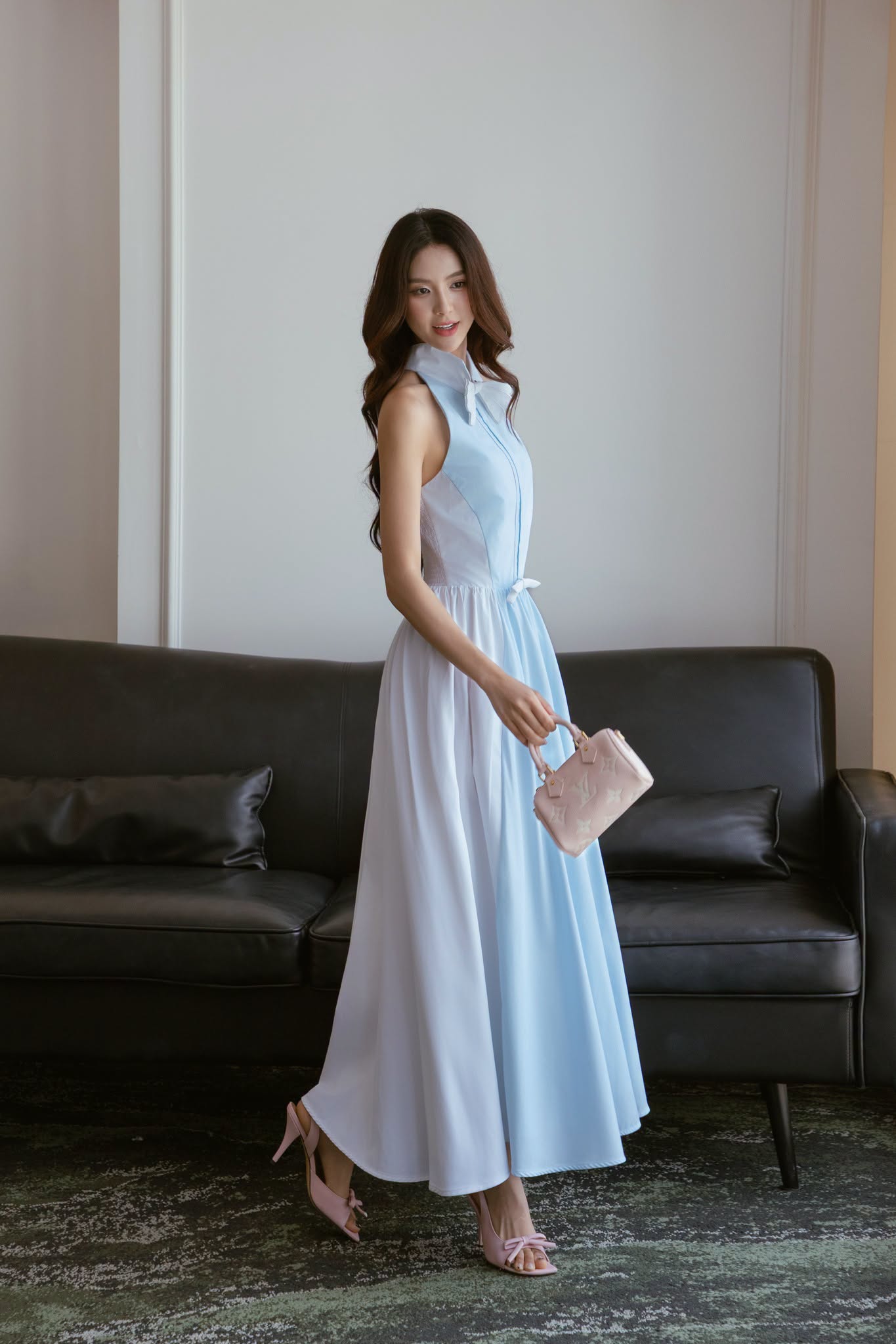  Halter Blue White Cotton Blend Midi Dress 