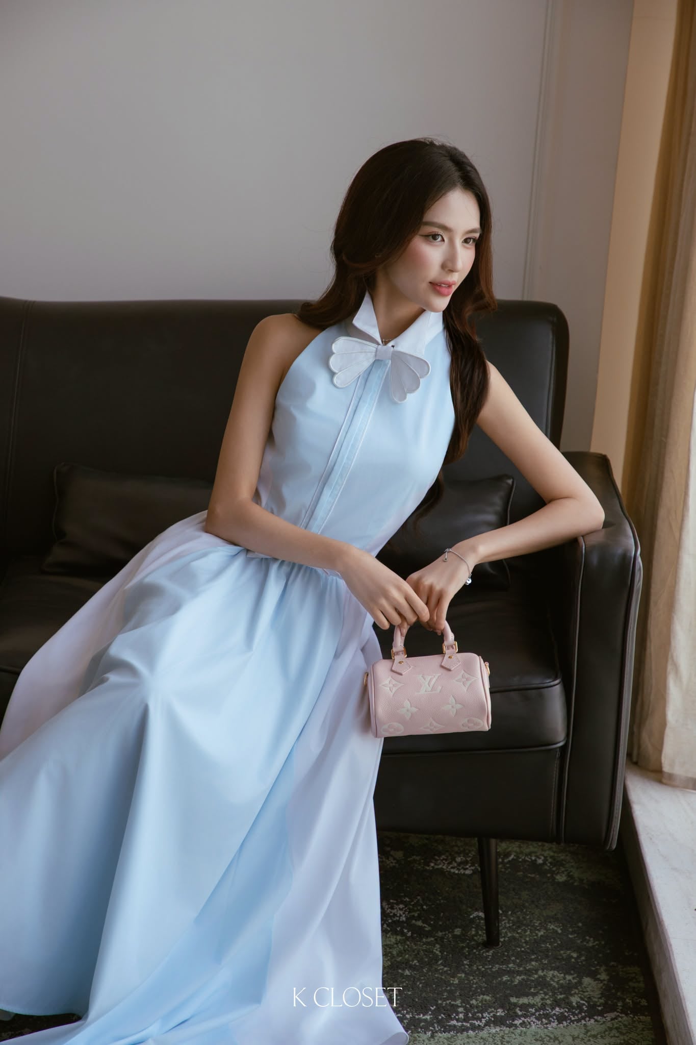  Halter Blue White Cotton Blend Midi Dress 