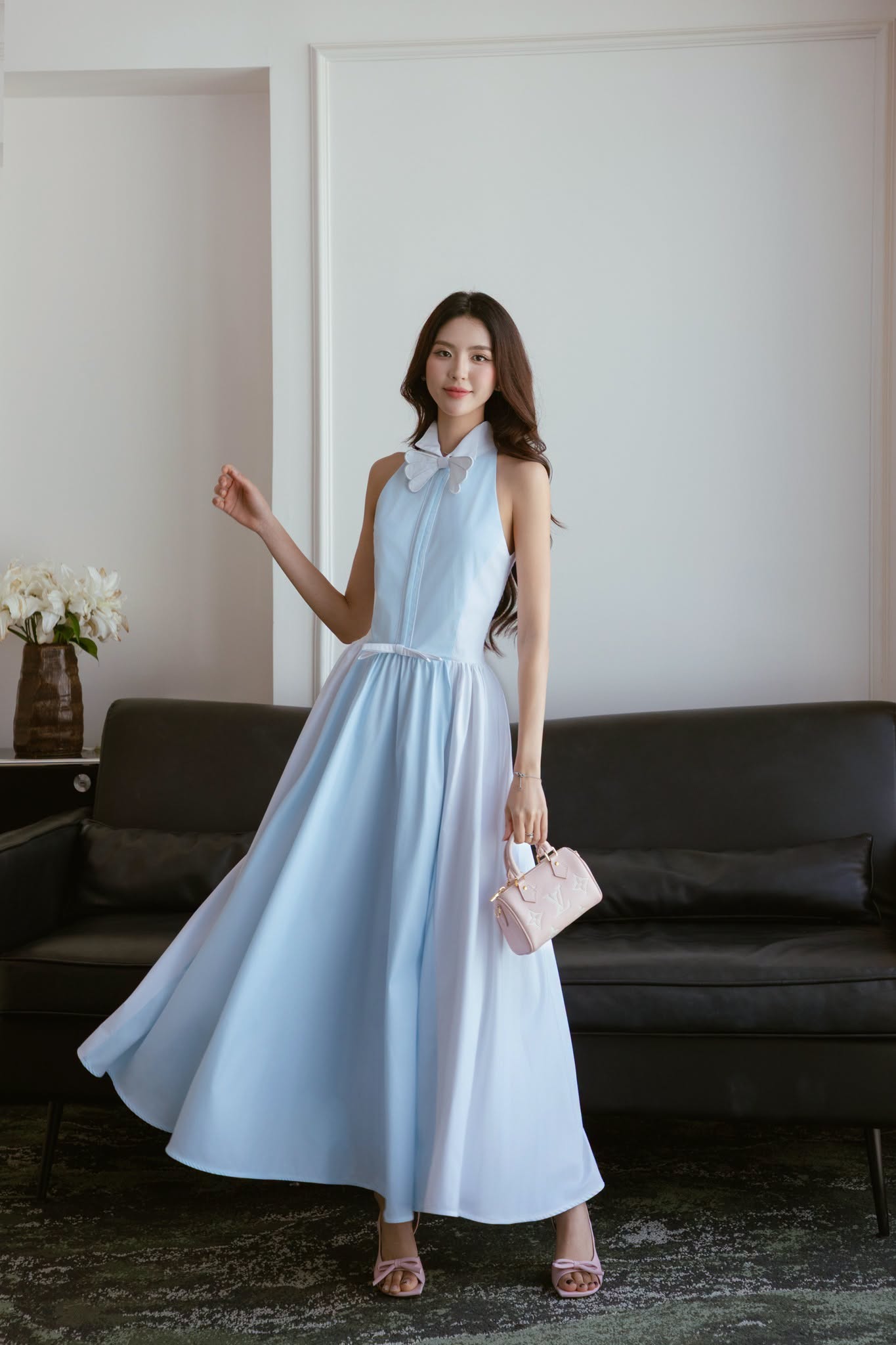  Halter Blue White Cotton Blend Midi Dress 