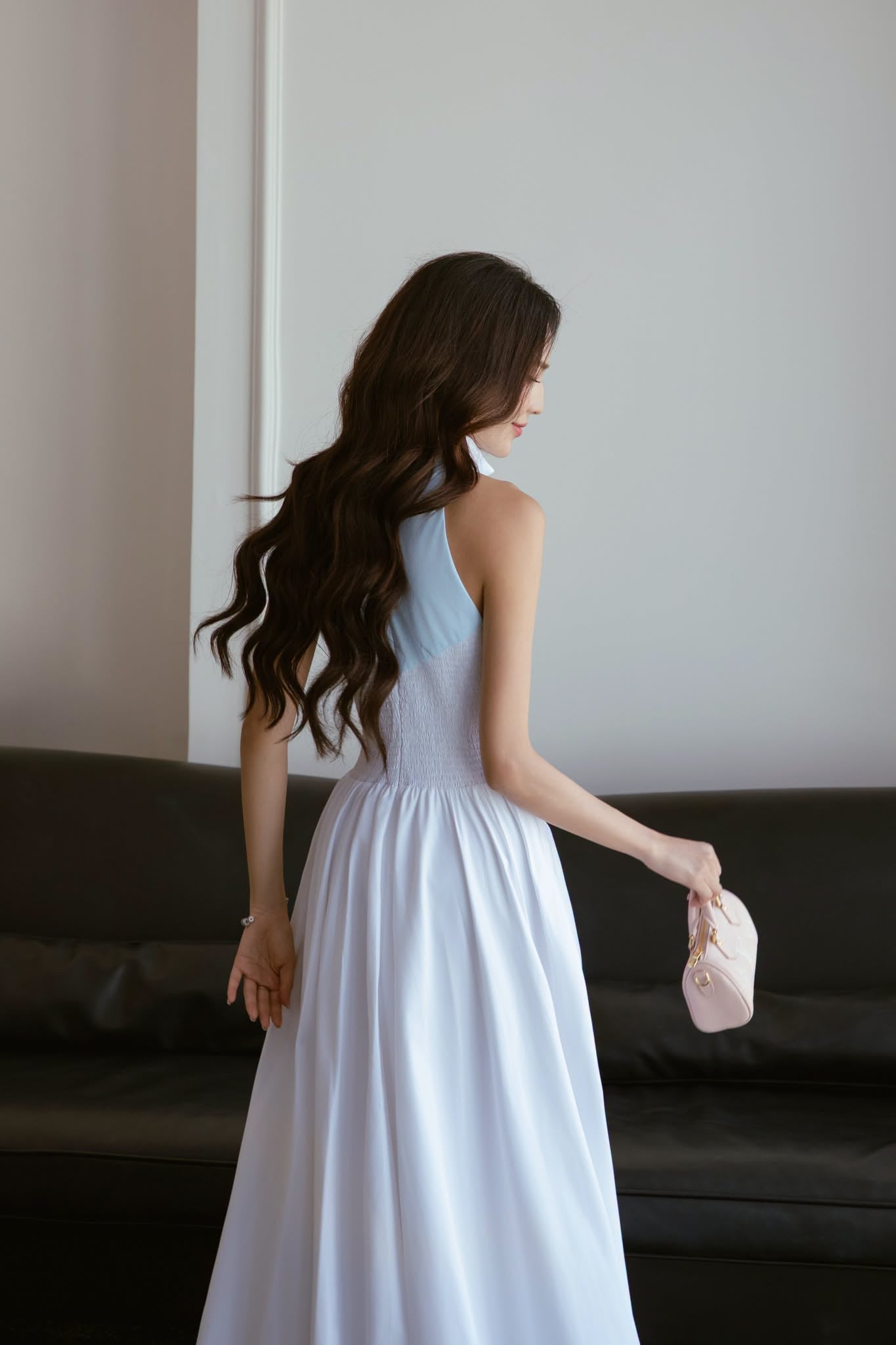  Halter Blue White Cotton Blend Midi Dress 