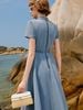  Phoebe Blue Denim Shirt Midi Dress / Đầm Jeans Xanh Cổ Sơ Mi Dáng Dài Thắt Eo 