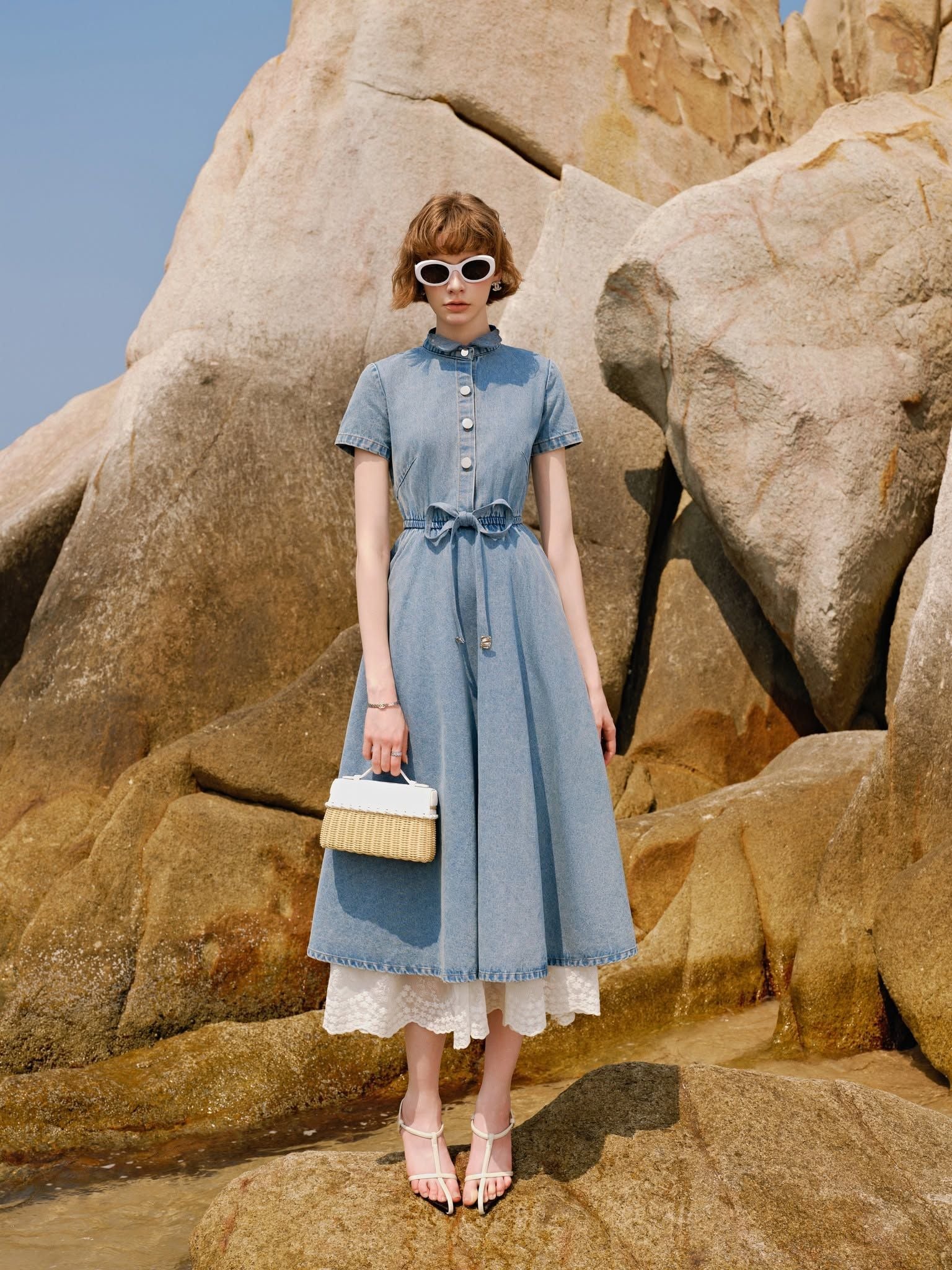  Phoebe Blue Denim Shirt Midi Dress / Đầm Jeans Xanh Cổ Sơ Mi Dáng Dài Thắt Eo 