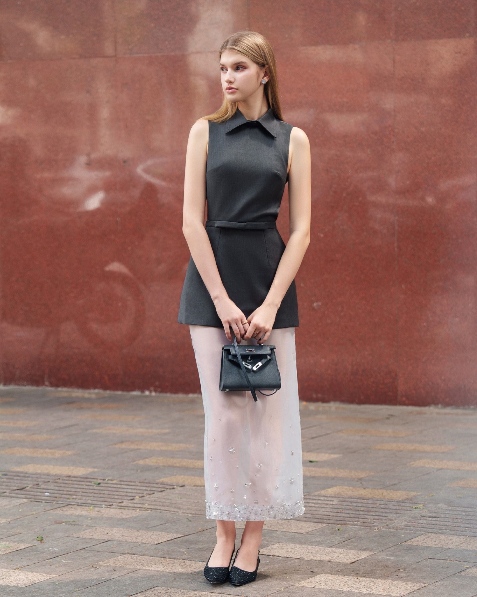  K Closet Crystal Embellished Organza Midi Dress 