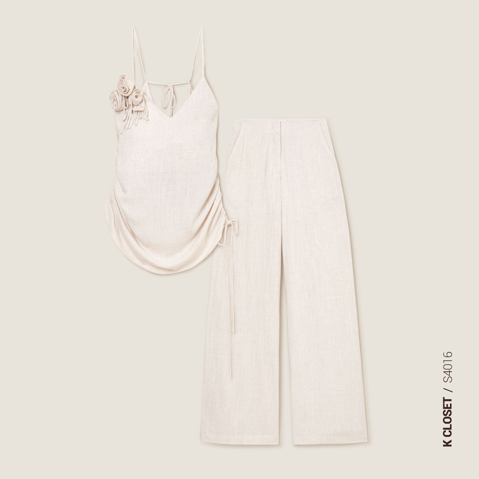  K Closet Set 2 Pieces Spaghetti Strap Top with 3D Flower - Wide Leg Pants 