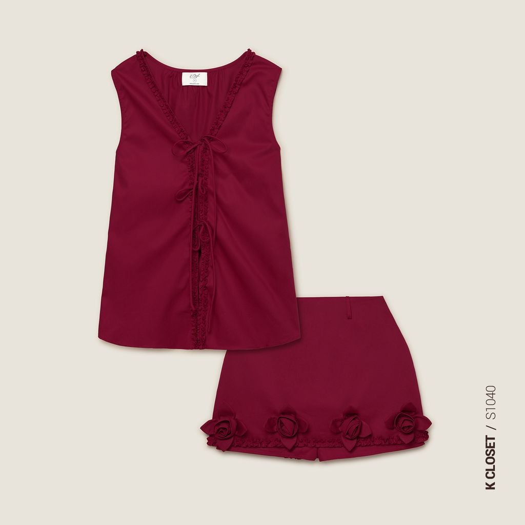  K Closet Set 2 Pieces Ruffle Tie Blouse & Floral Mini Skirt Skirt 