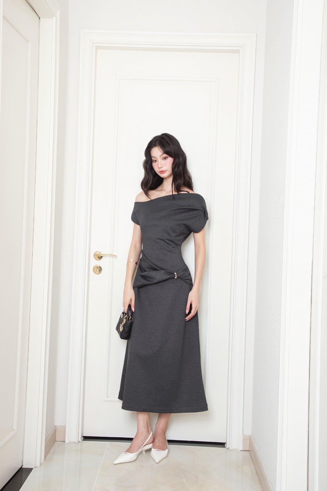  Twisted Off-Shoulder Dark Grey Jersey Dress – K CLOSET 26 