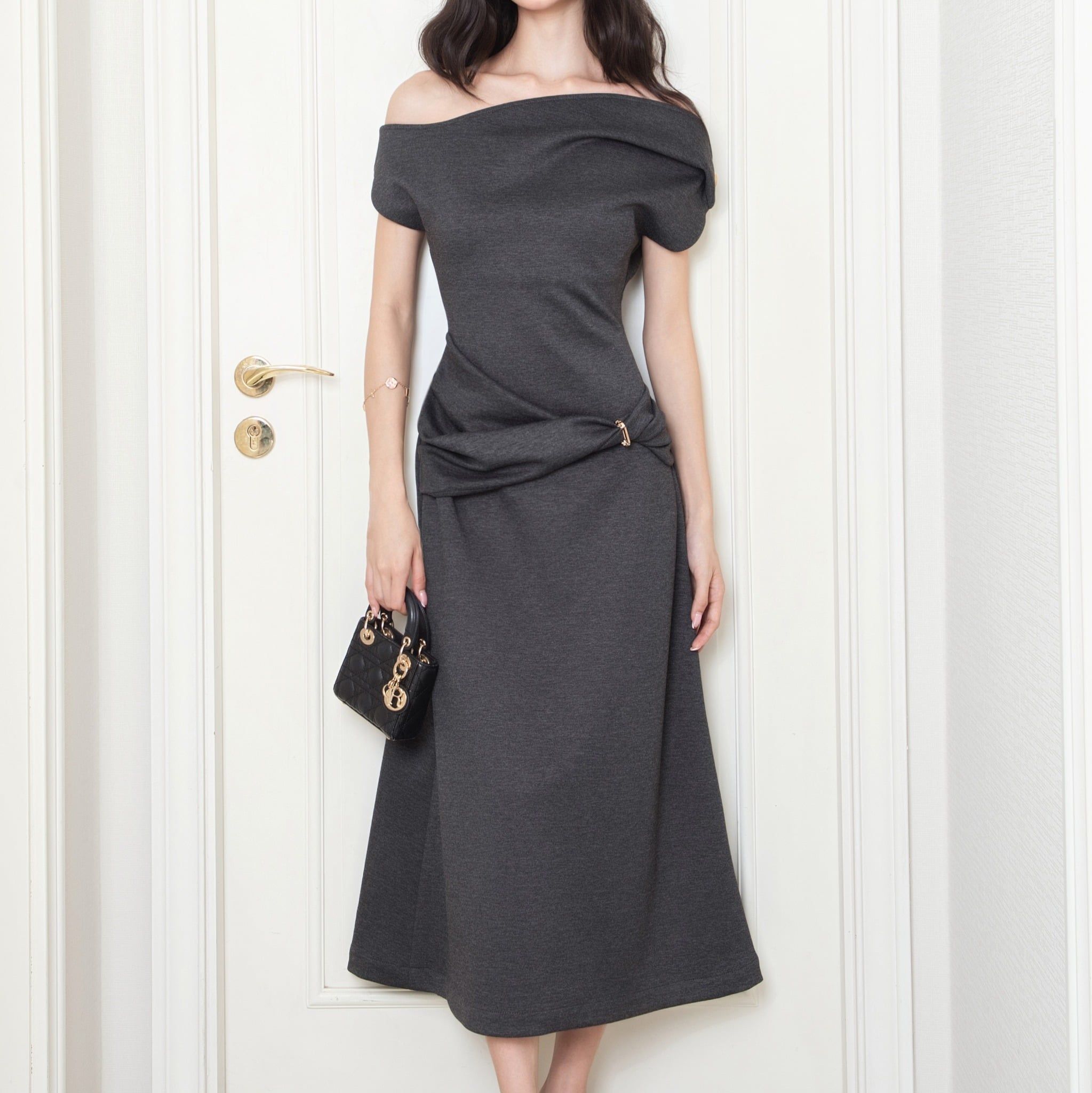  Twisted Off-Shoulder Dark Grey Jersey Dress – K CLOSET 26 