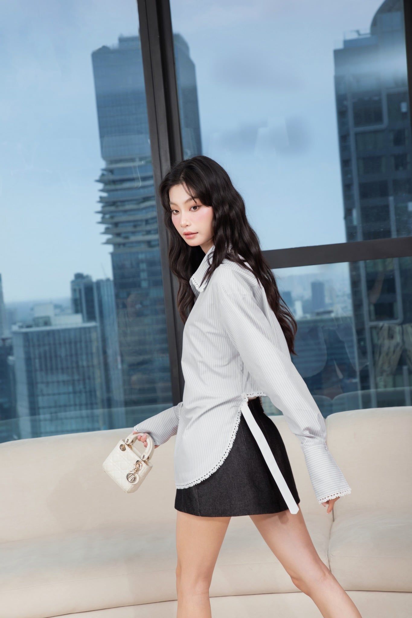  Light Grey Striped Cotton Back-Belt Asymmetric Hem Shirt – K CLOSET March 26 