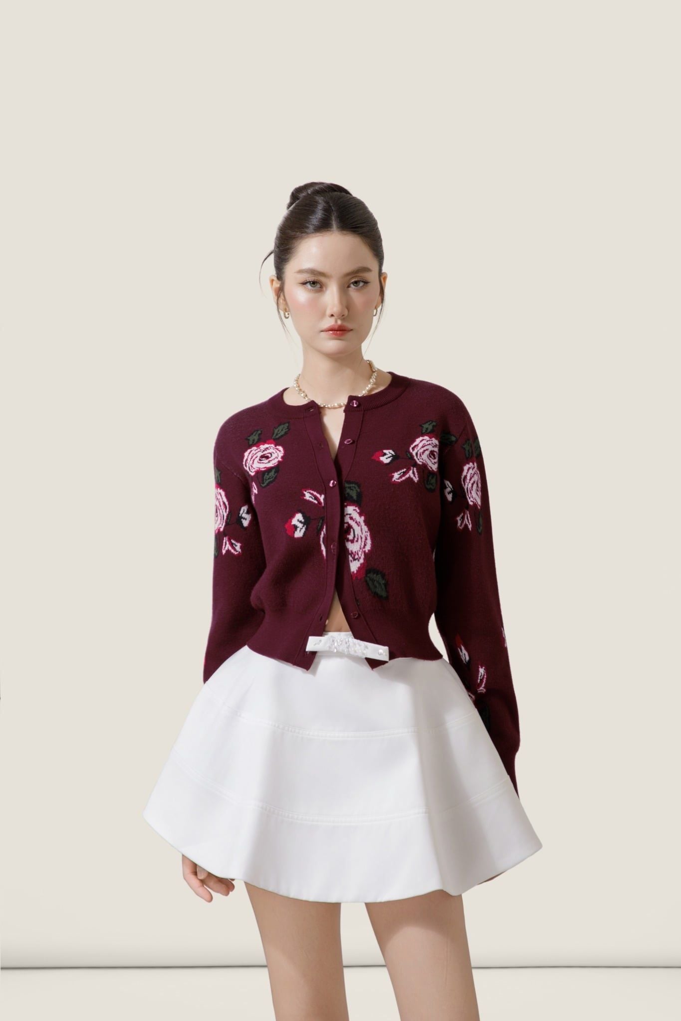  Embroidered Rose Burgundy Knit Cardigan – K CLOSET Spring 2026 
