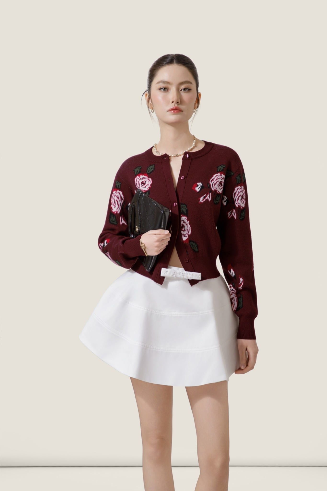 Embroidered Rose Burgundy Knit Cardigan – K CLOSET Spring 2026 
