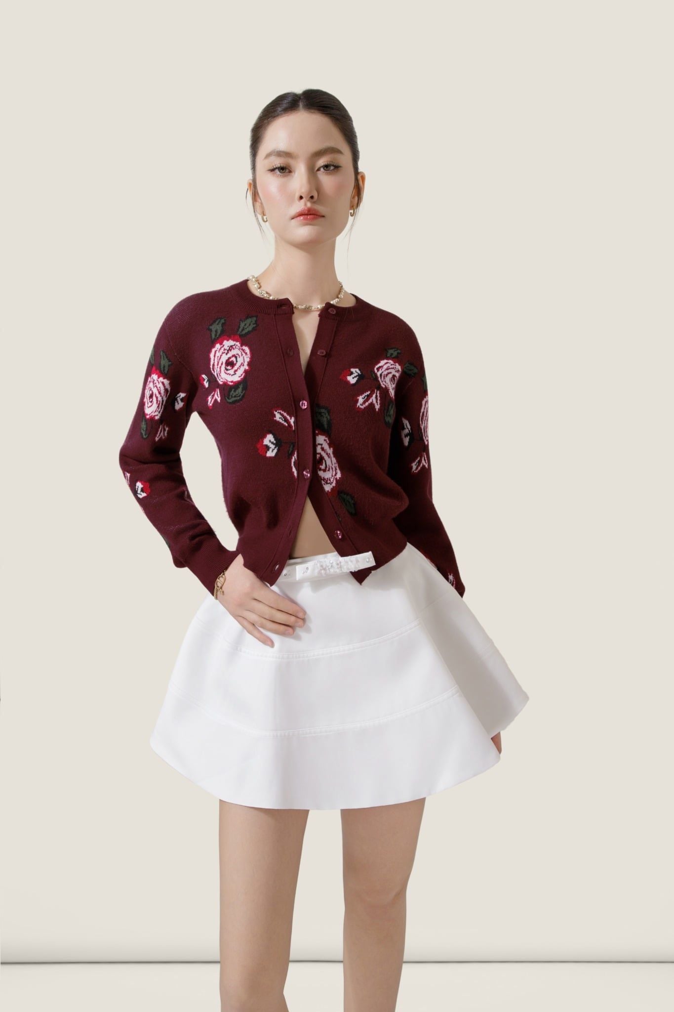  Embroidered Rose Burgundy Knit Cardigan – K CLOSET Spring 2026 
