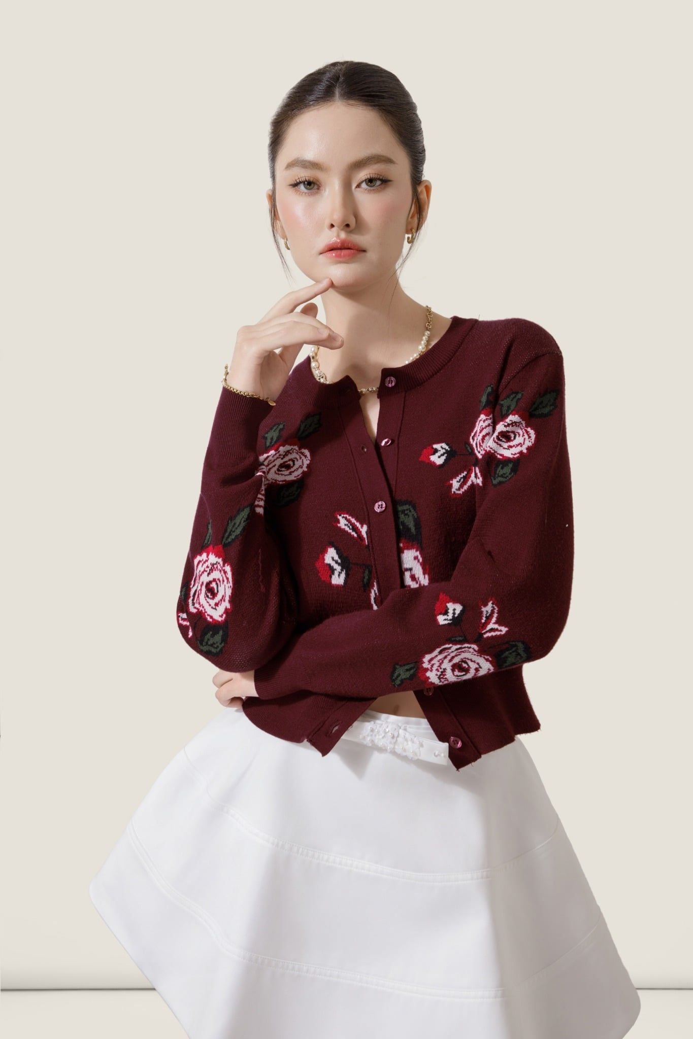  Embroidered Rose Burgundy Knit Cardigan – K CLOSET Spring 2026 