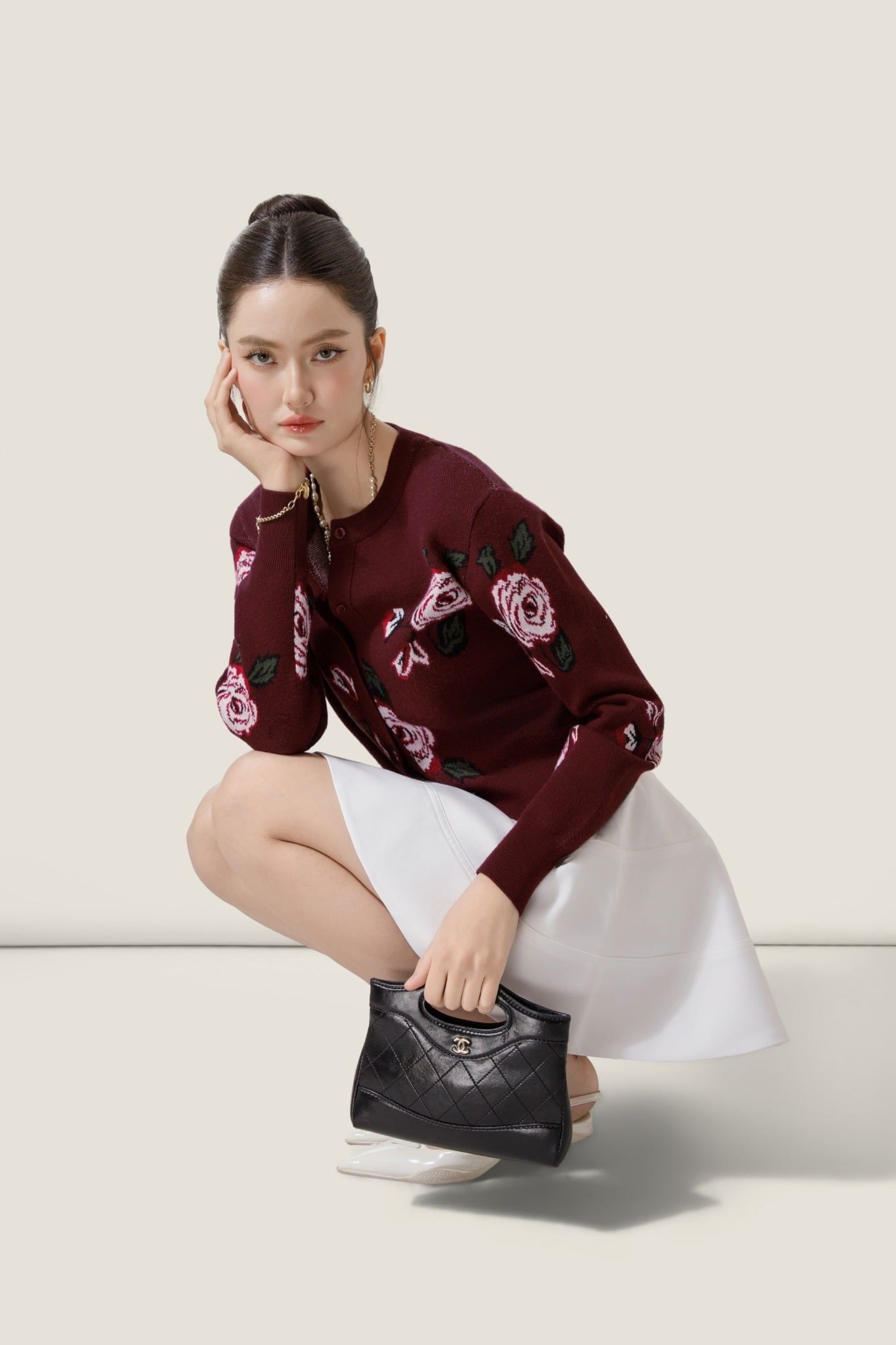 Embroidered Rose Burgundy Knit Cardigan – K CLOSET Spring 2026 