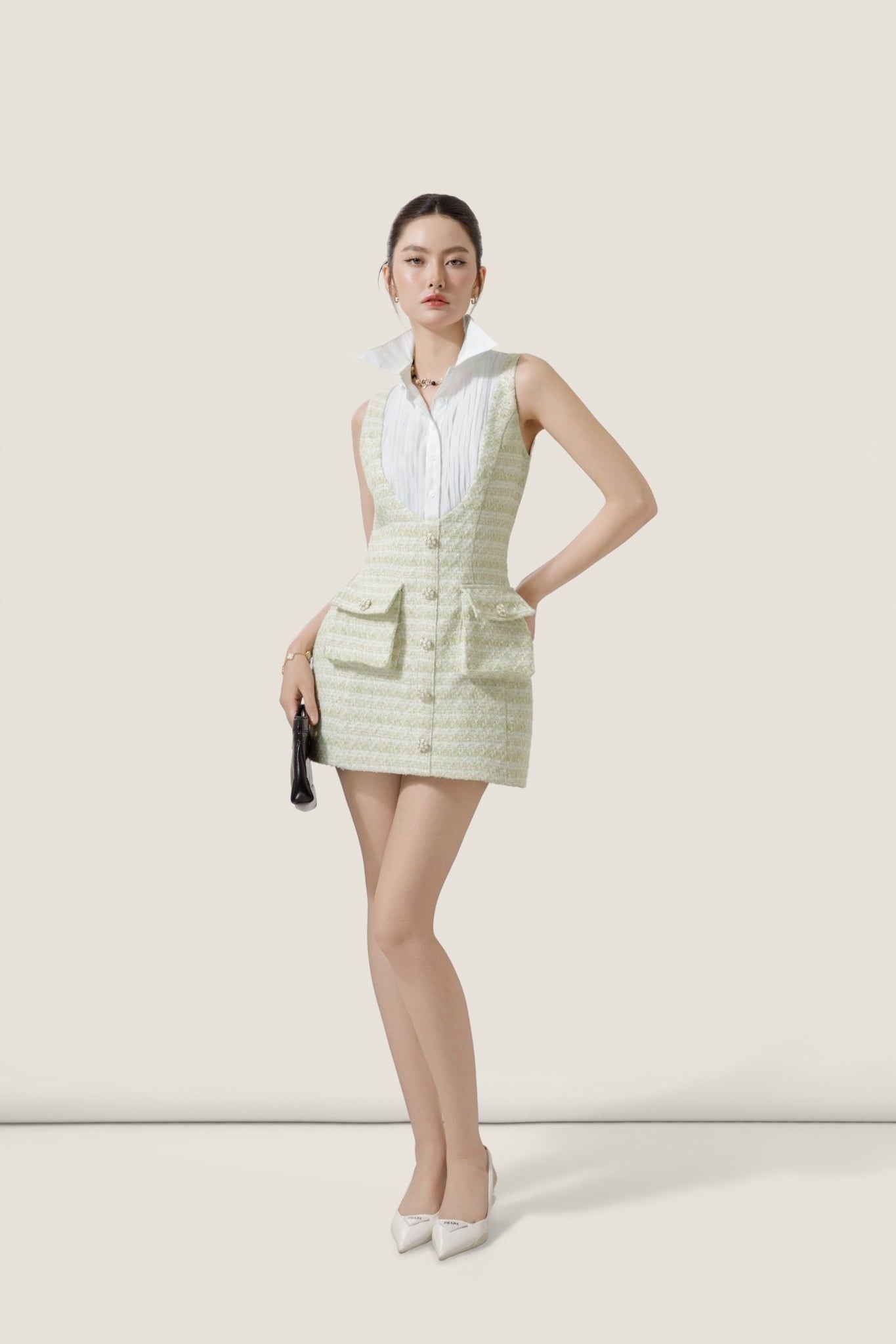  Chic Light Green Tweed Pocket Mini Dress - K CLOSET CRUISE 2026 
