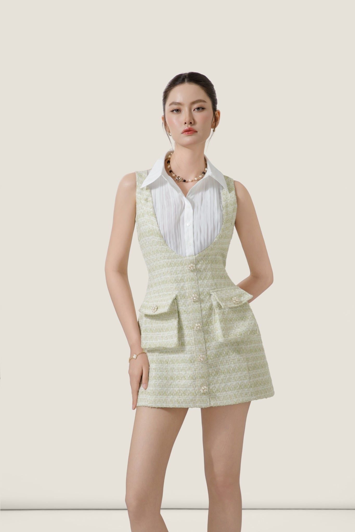  Chic Light Green Tweed Pocket Mini Dress - K CLOSET CRUISE 2026 