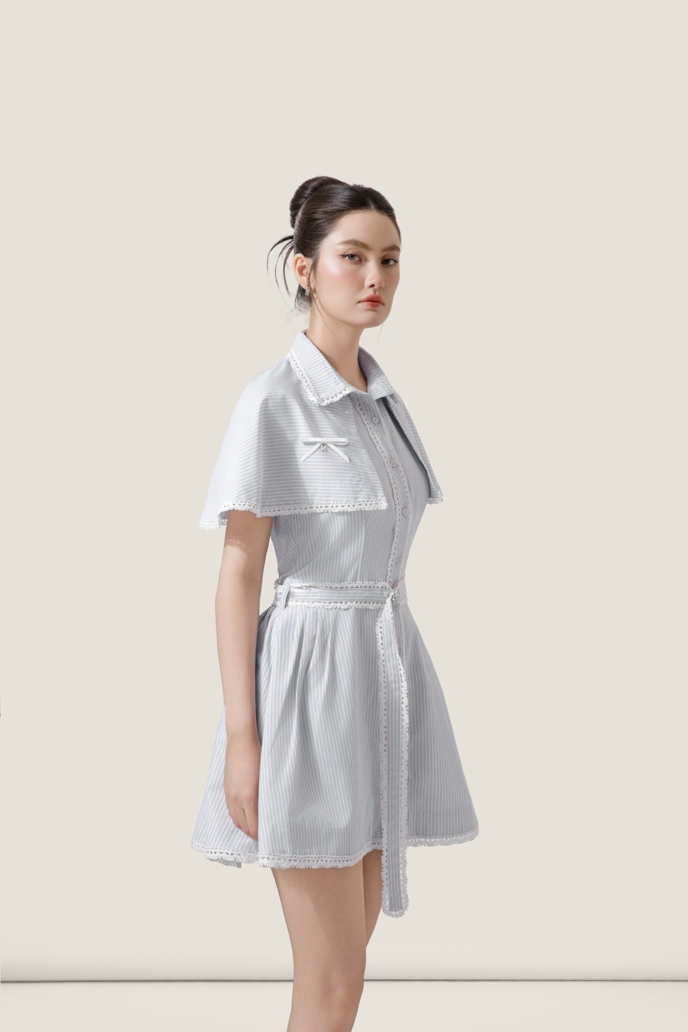  Cape Collar Light Grey Striped Belted Mini Dress – K CLOSET March 26 