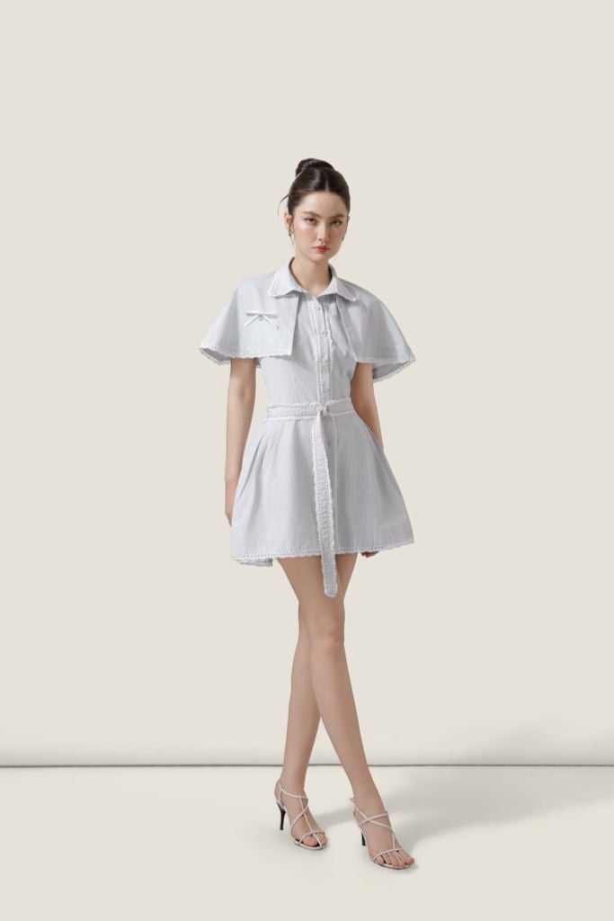  Cape Collar Light Grey Striped Belted Mini Dress – K CLOSET March 26 