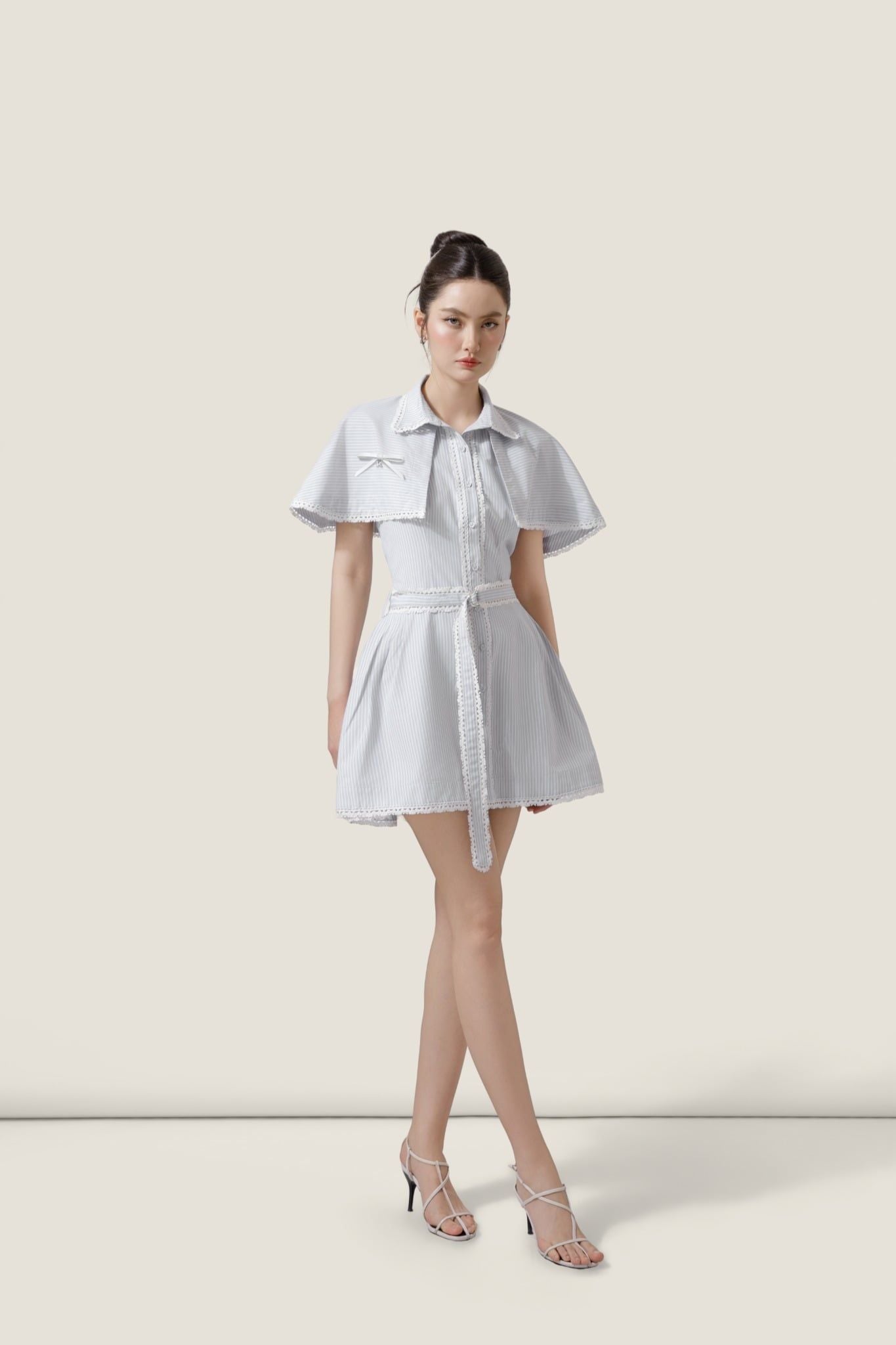  Cape Collar Light Grey Striped Belted Mini Dress – K CLOSET March 26 