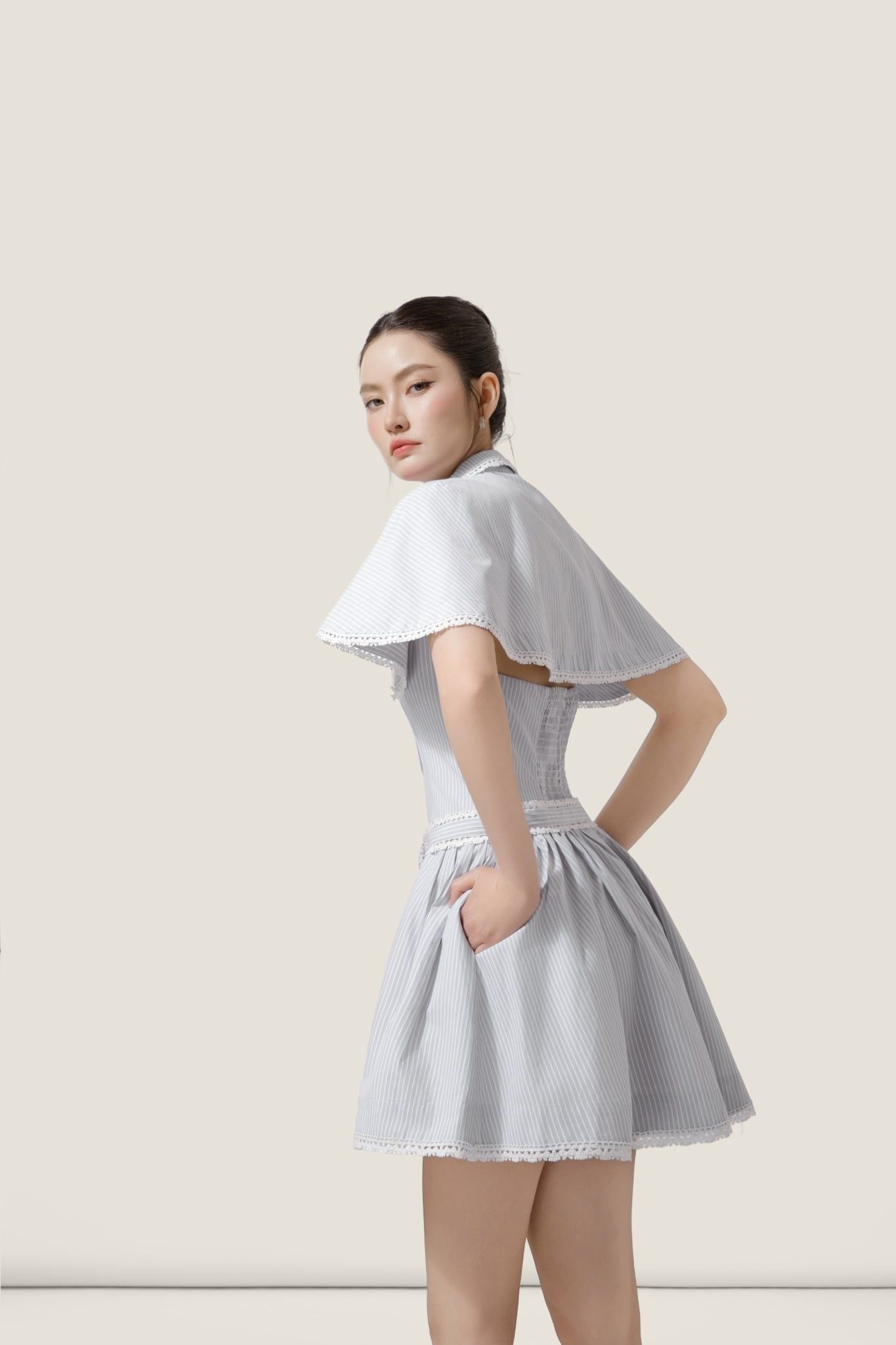  Cape Collar Light Grey Striped Belted Mini Dress – K CLOSET March 26 