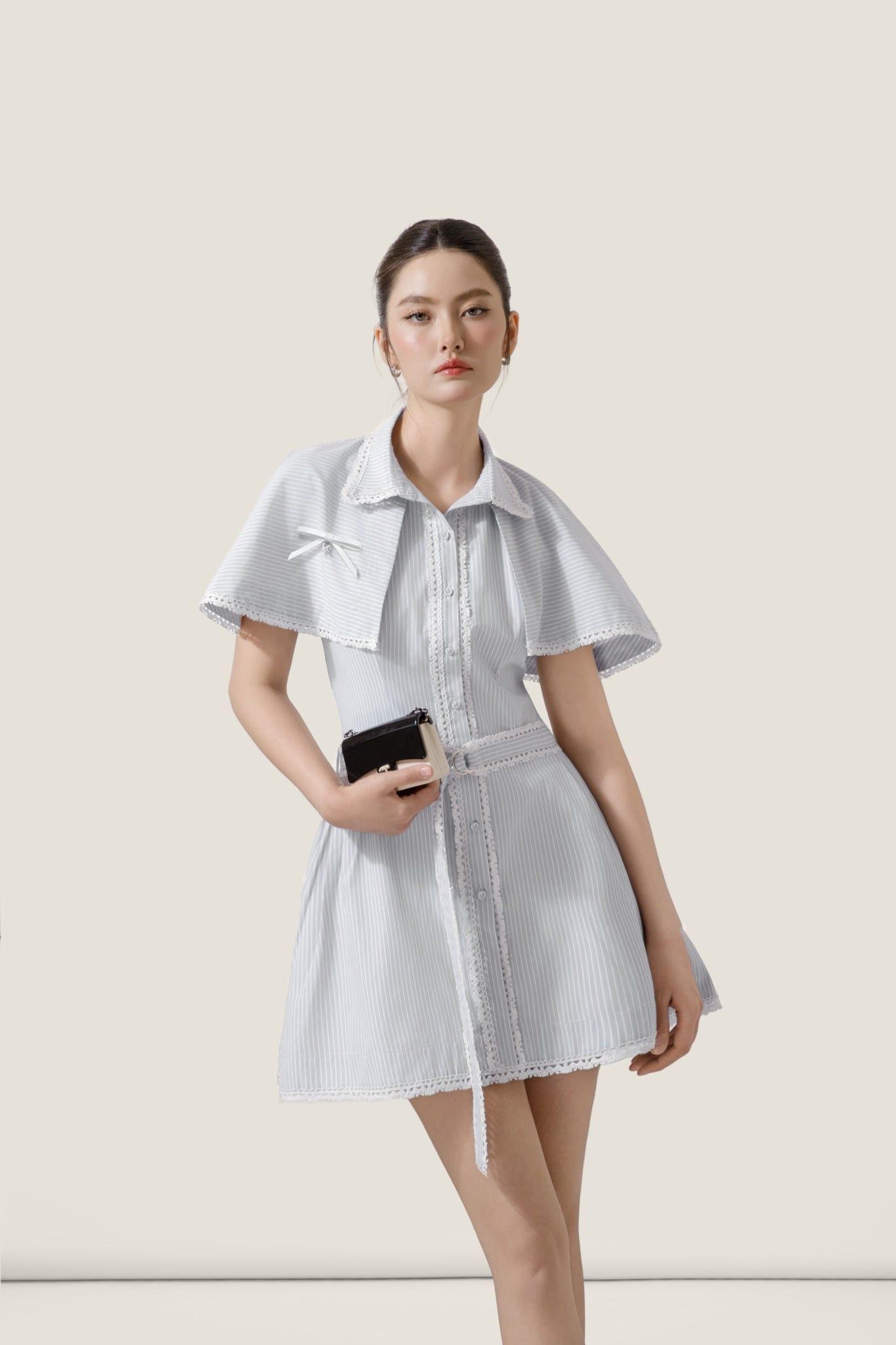  Cape Collar Light Grey Striped Belted Mini Dress – K CLOSET March 26 