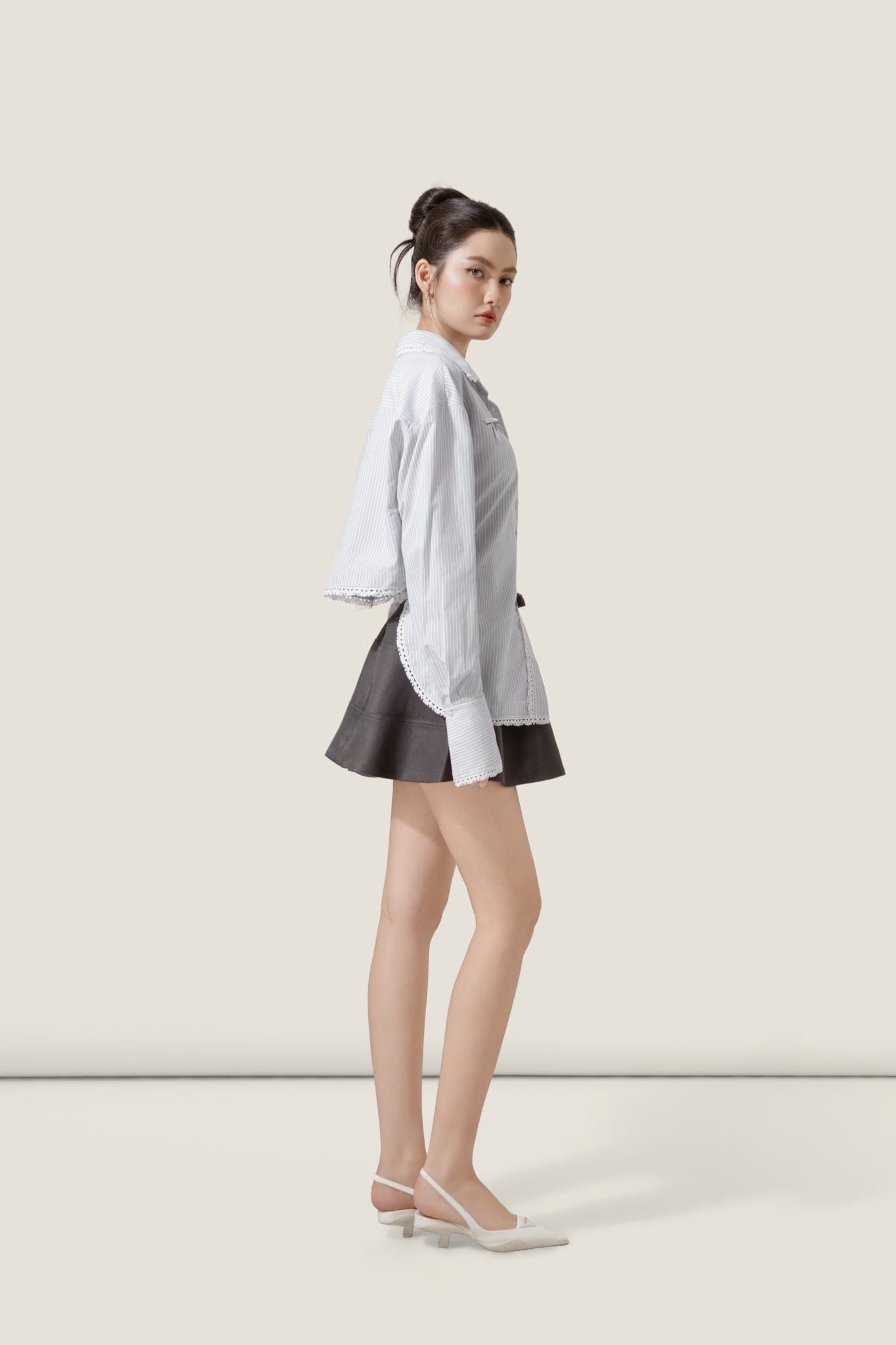  Light Grey Striped Cotton Back-Belt Asymmetric Hem Shirt – K CLOSET March 26 