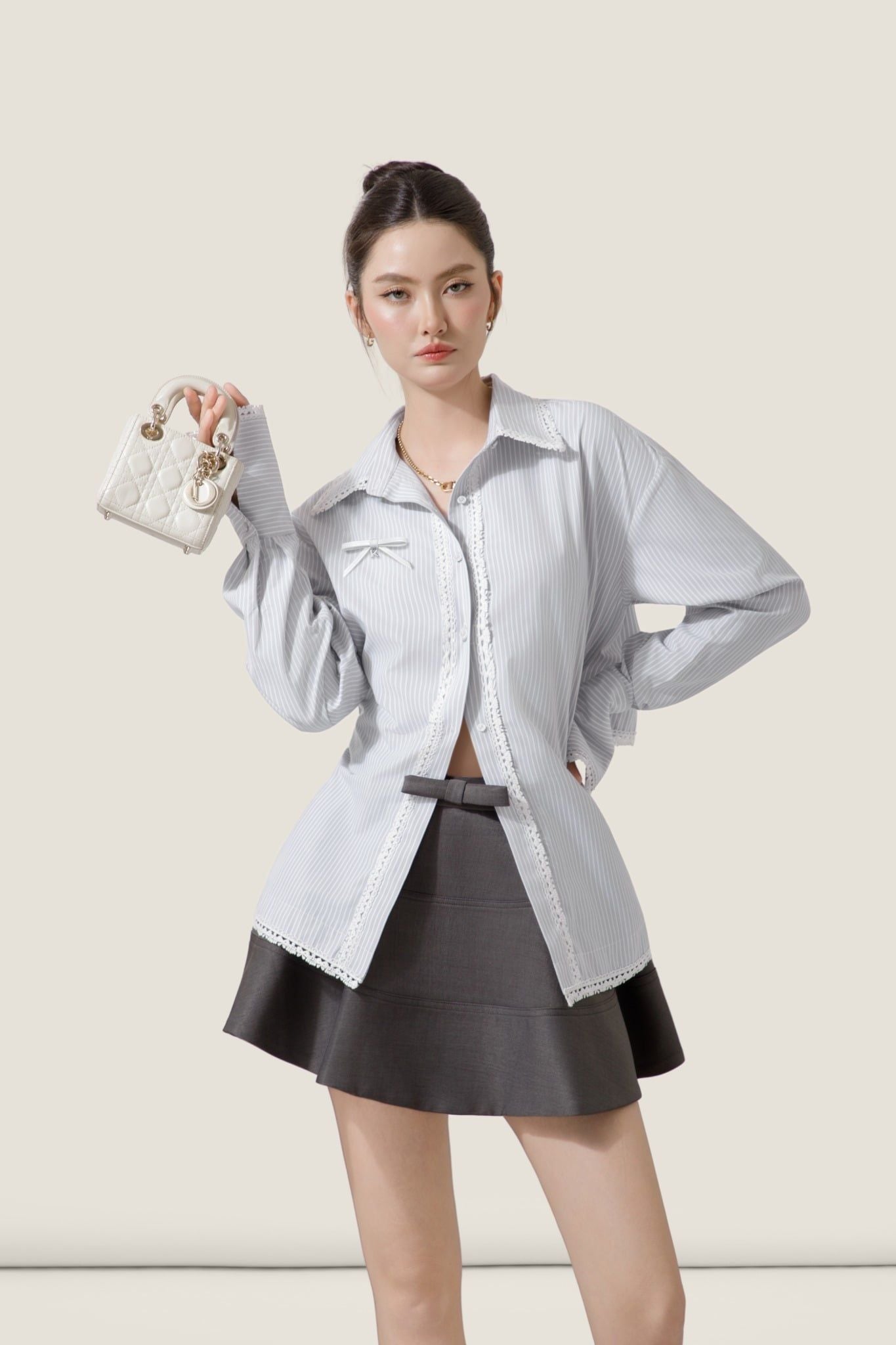  Light Grey Striped Cotton Back-Belt Asymmetric Hem Shirt – K CLOSET March 26 