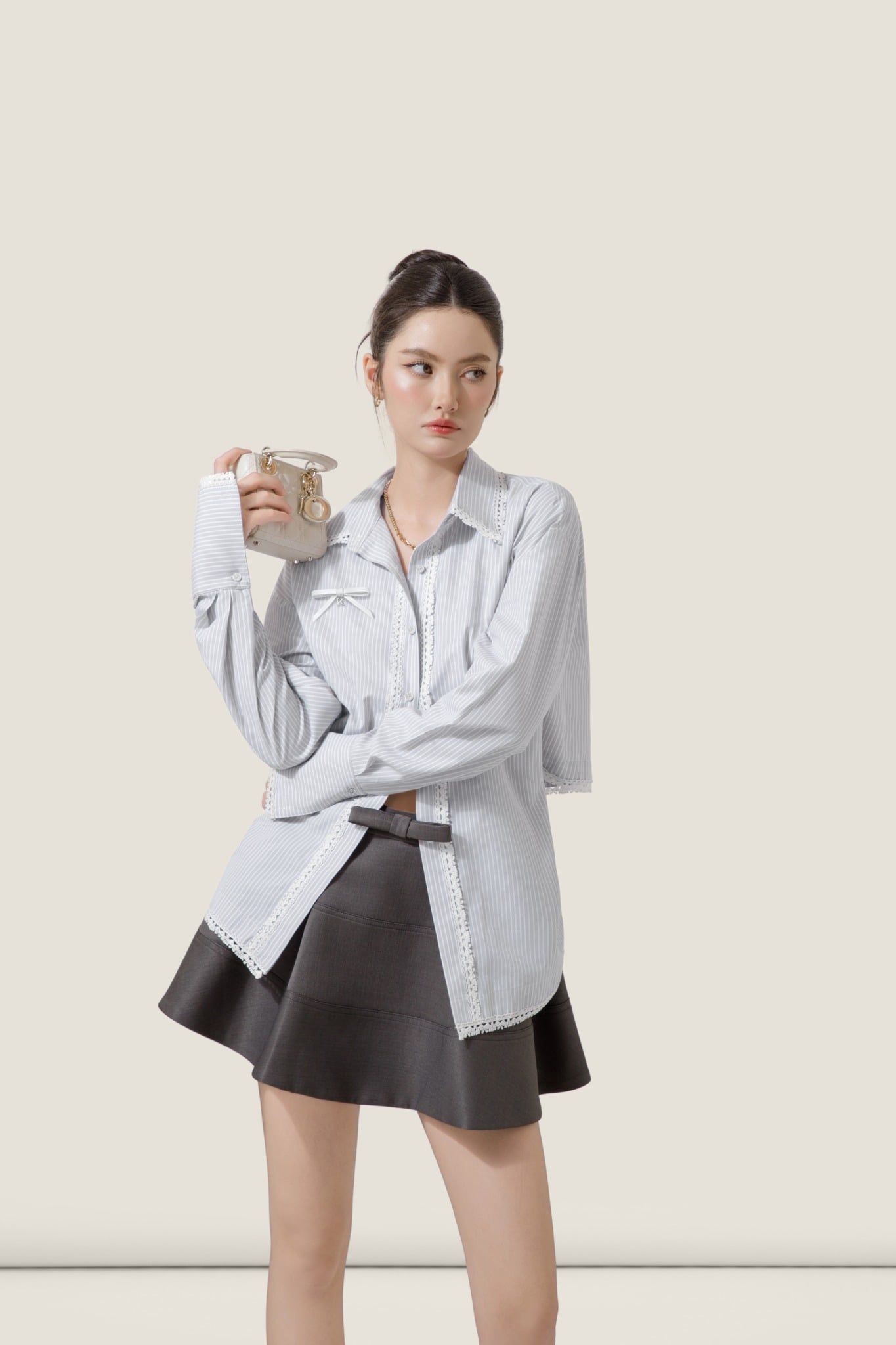  Bow-Waist Grey Tapta A-Line Mini Skirt – K CLOSET 