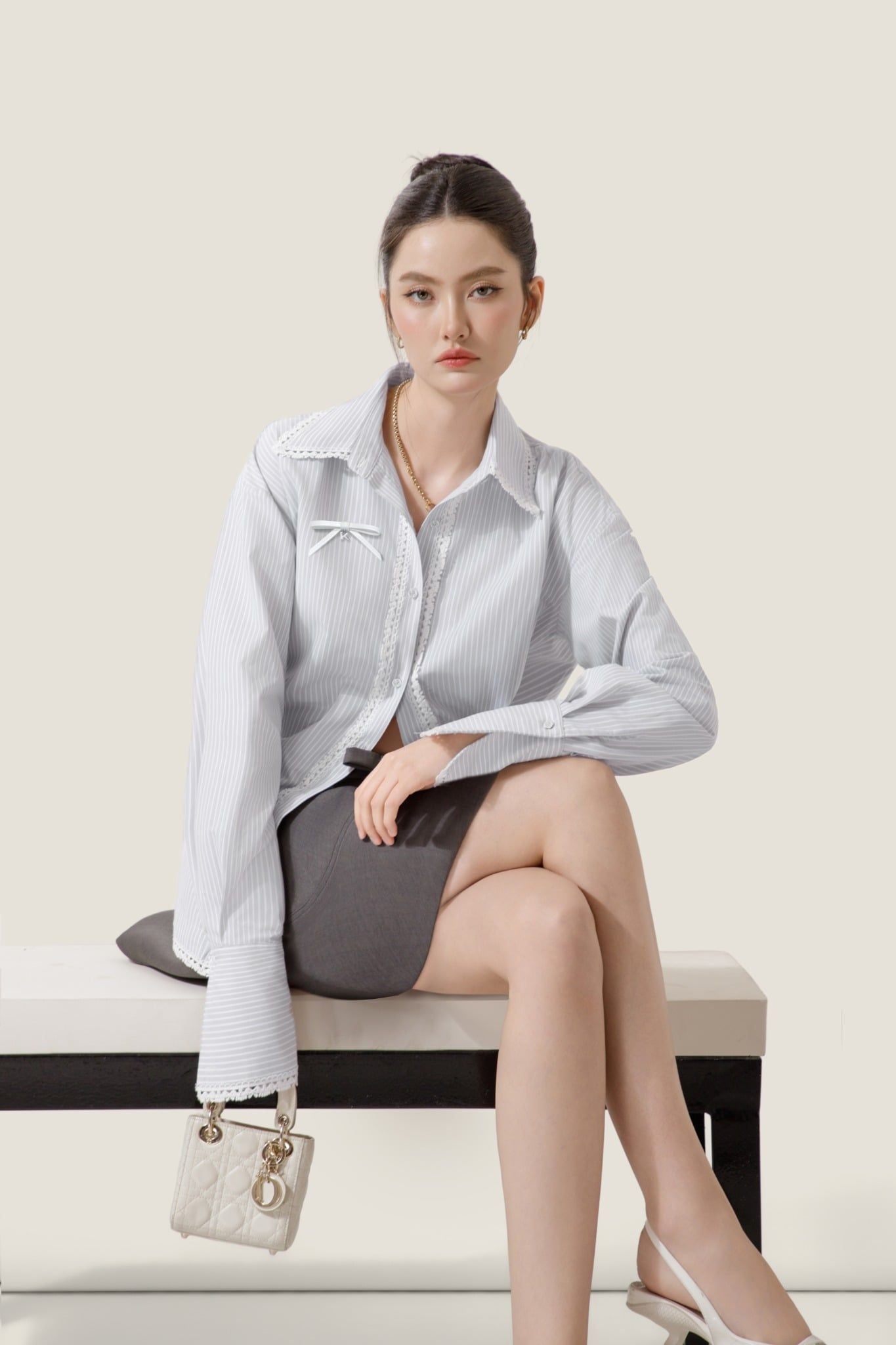  Light Grey Striped Cotton Back-Belt Asymmetric Hem Shirt – K CLOSET March 26 