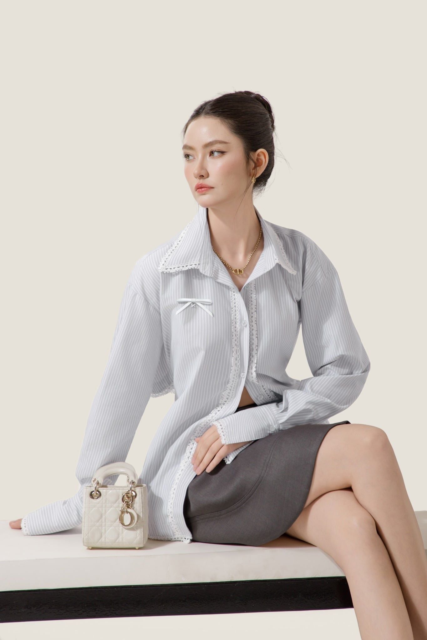  Light Grey Striped Cotton Back-Belt Asymmetric Hem Shirt – K CLOSET March 26 