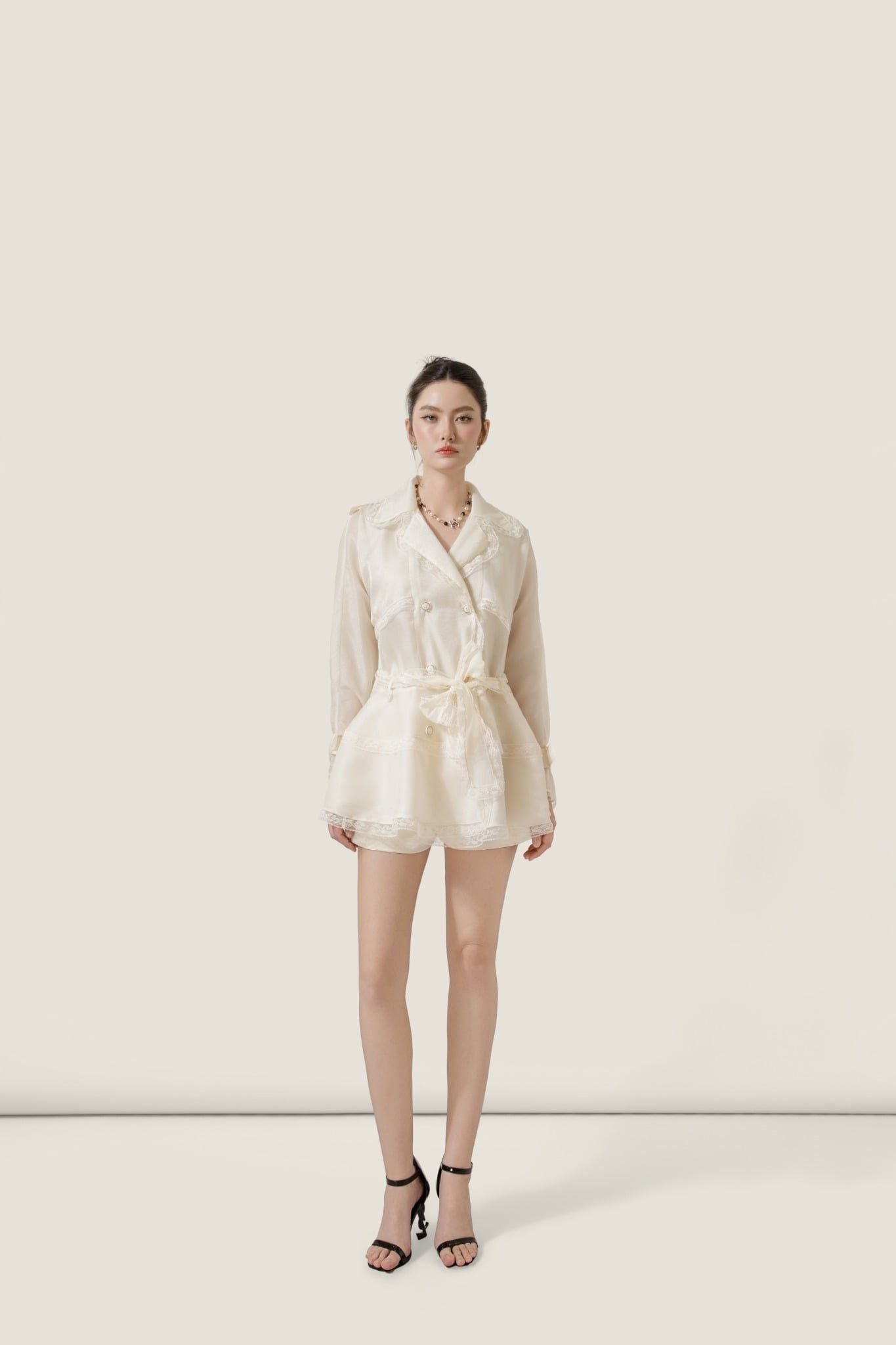  Wrap White Chiffon Lace-Trim Blazer Dress – K CLOSET 26 