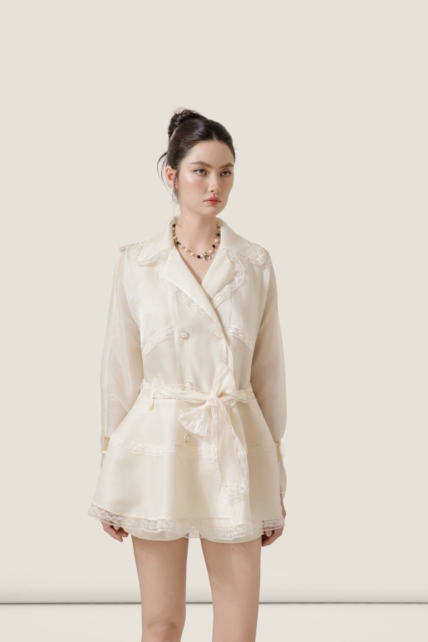  Wrap White Chiffon Lace-Trim Blazer Dress – K CLOSET 26 