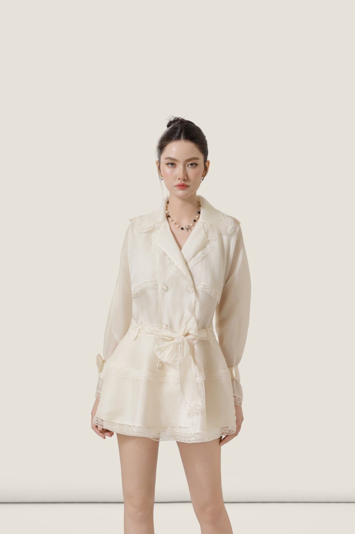  Wrap White Chiffon Lace-Trim Blazer Dress – K CLOSET 26 
