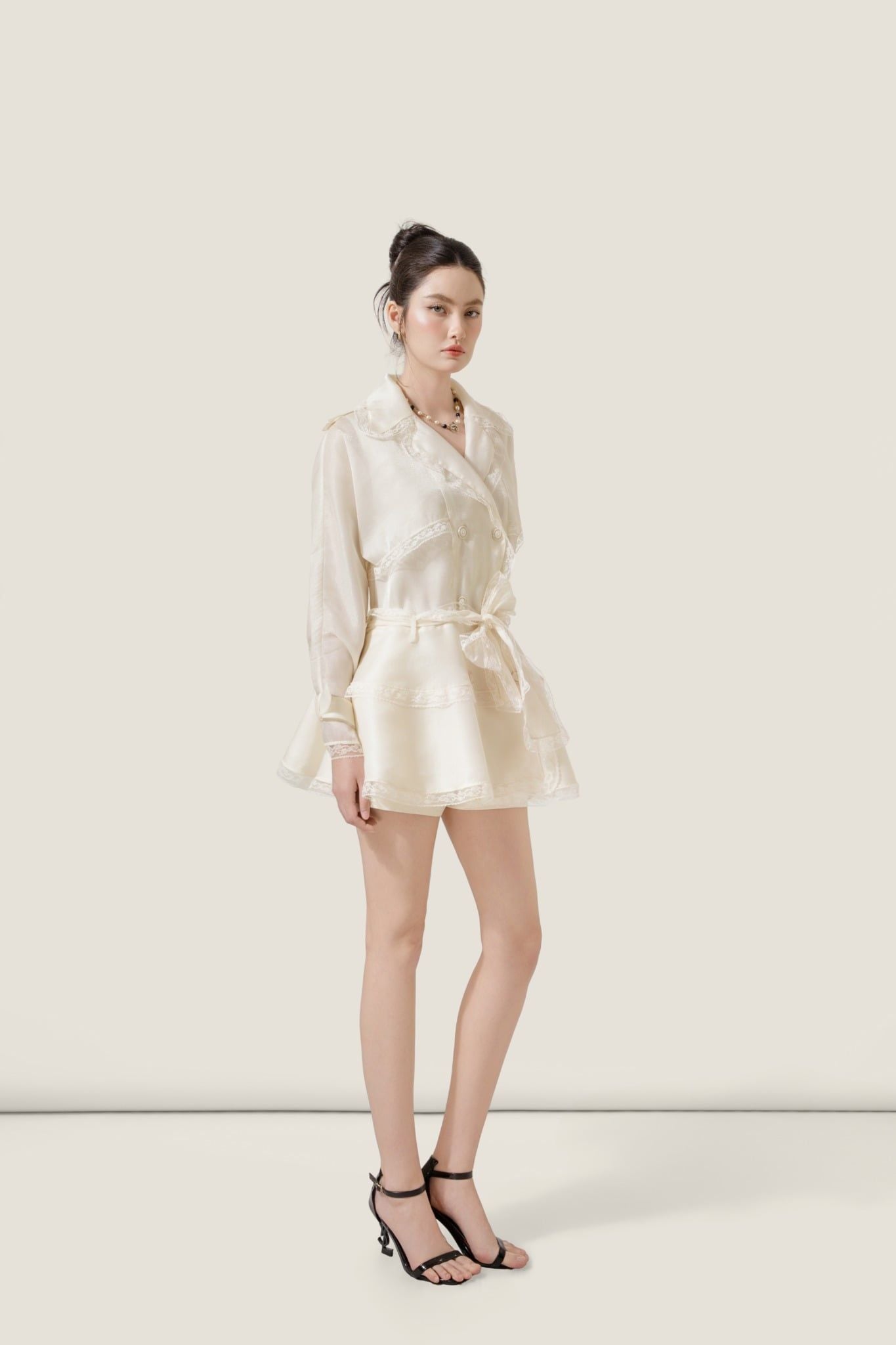  Wrap White Chiffon Lace-Trim Blazer Dress – K CLOSET 26 