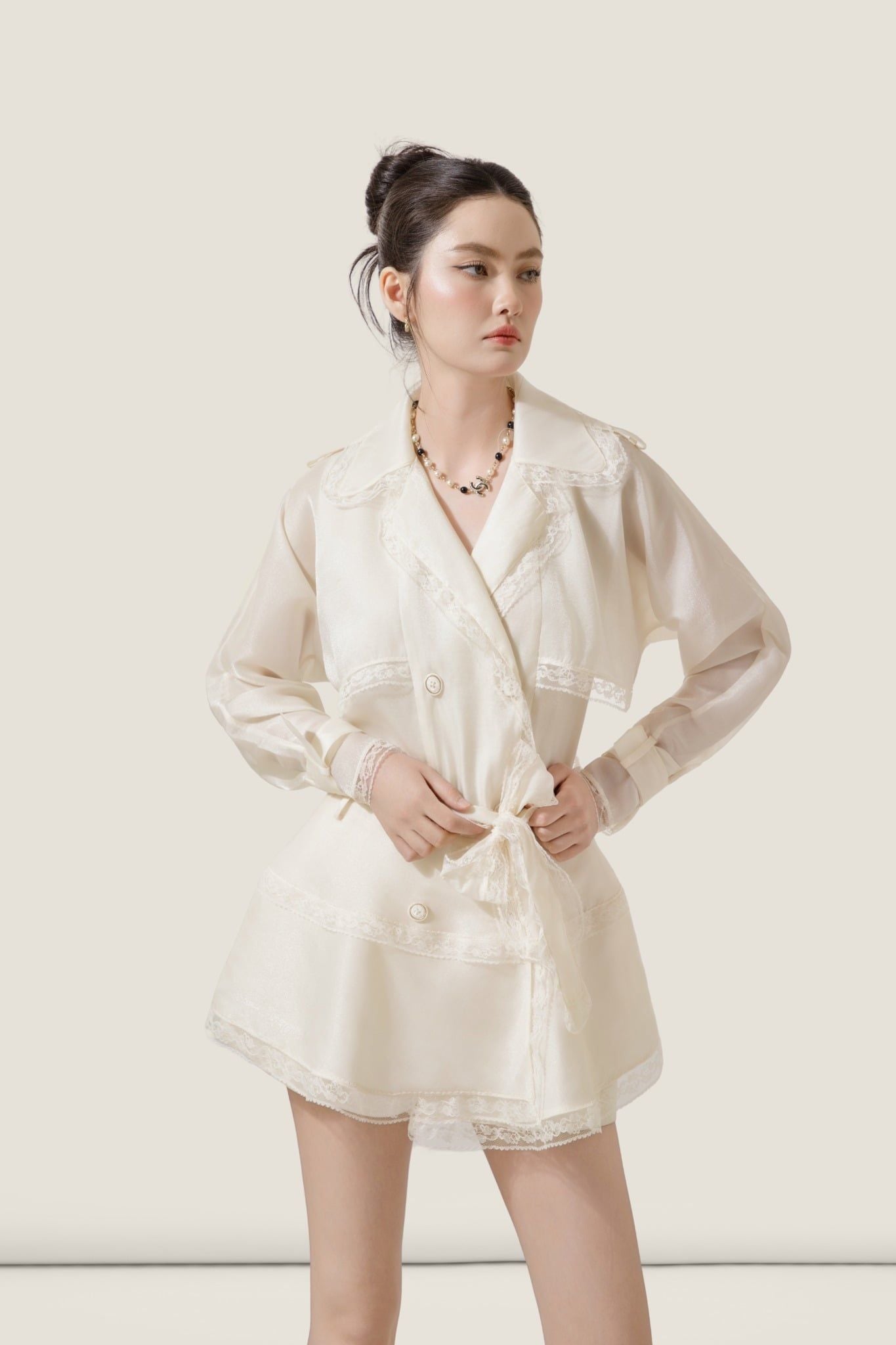 Wrap White Chiffon Lace-Trim Blazer Dress – K CLOSET 26 